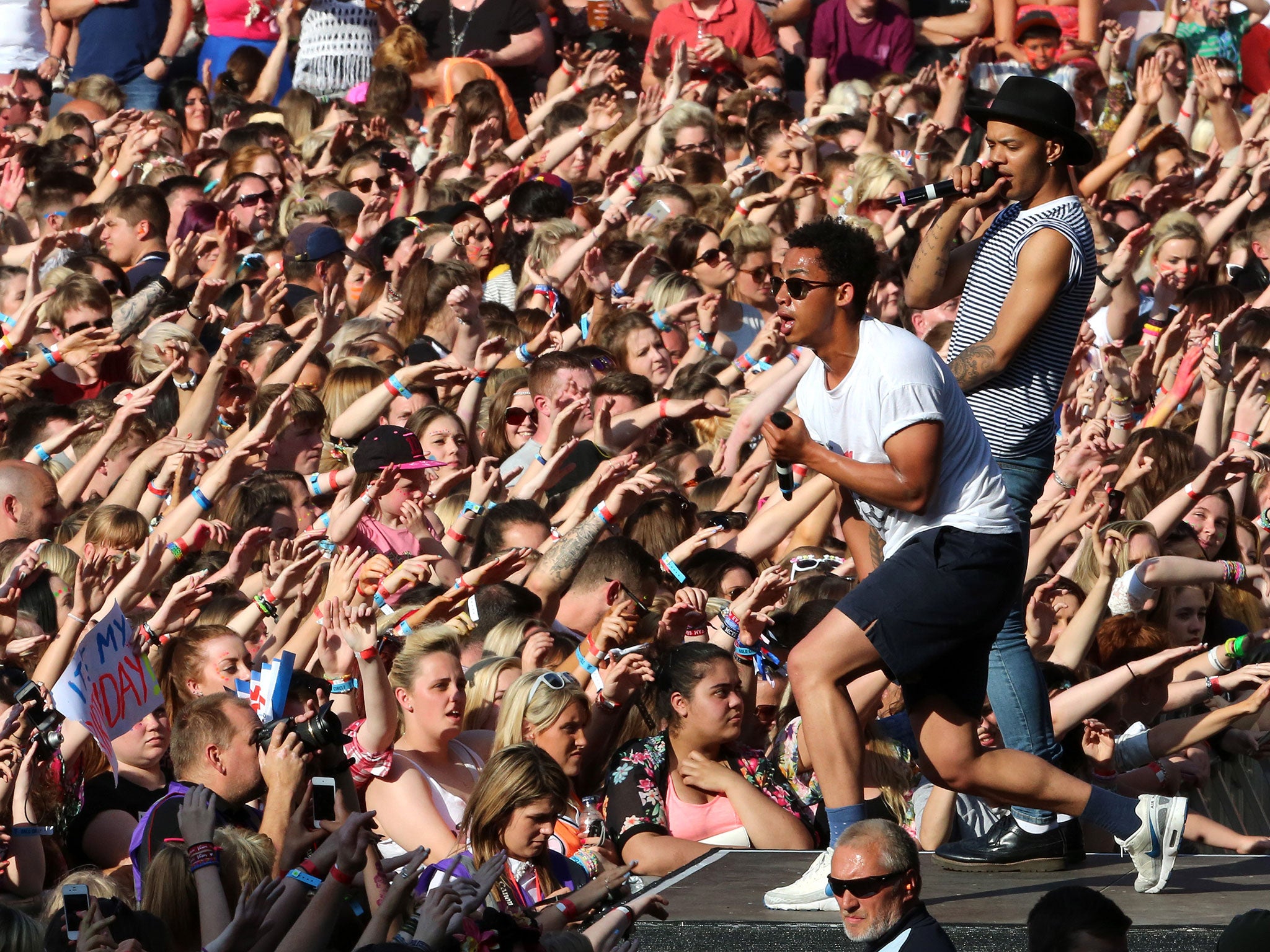 A fine pair: Harley Alexander-Sule and Jordan Stephens on stage at the Stadium of Light, Sunderland in June