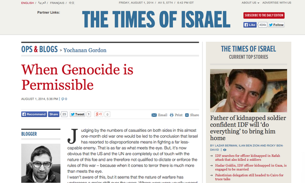 A screen grab showing an article entitled "When Genocide is Permissable" on The Times of Israel website. The piece has since been deleted.