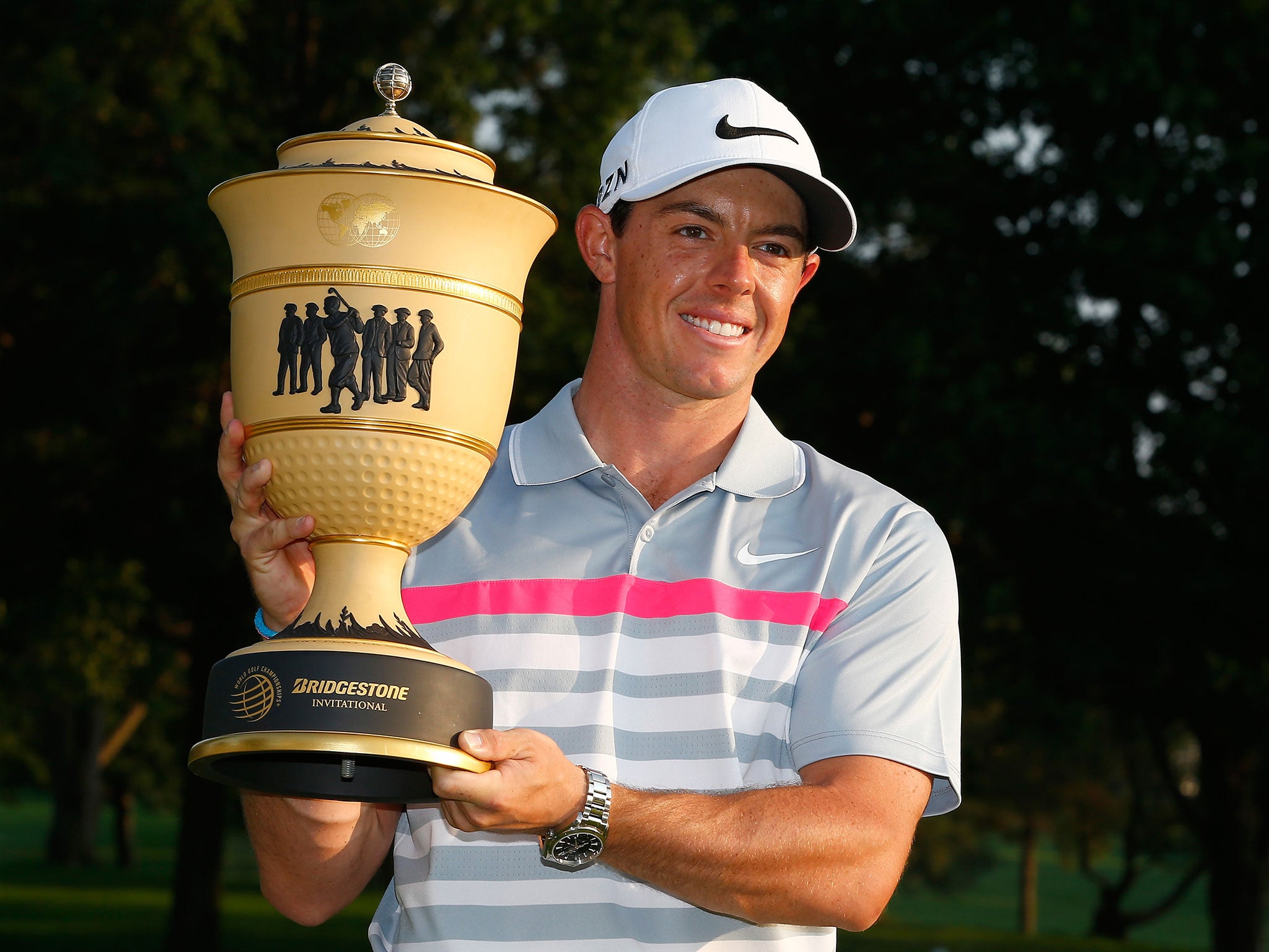 Rory McIlroy celebrates his victory in the WGC-Bridgestone Invitational