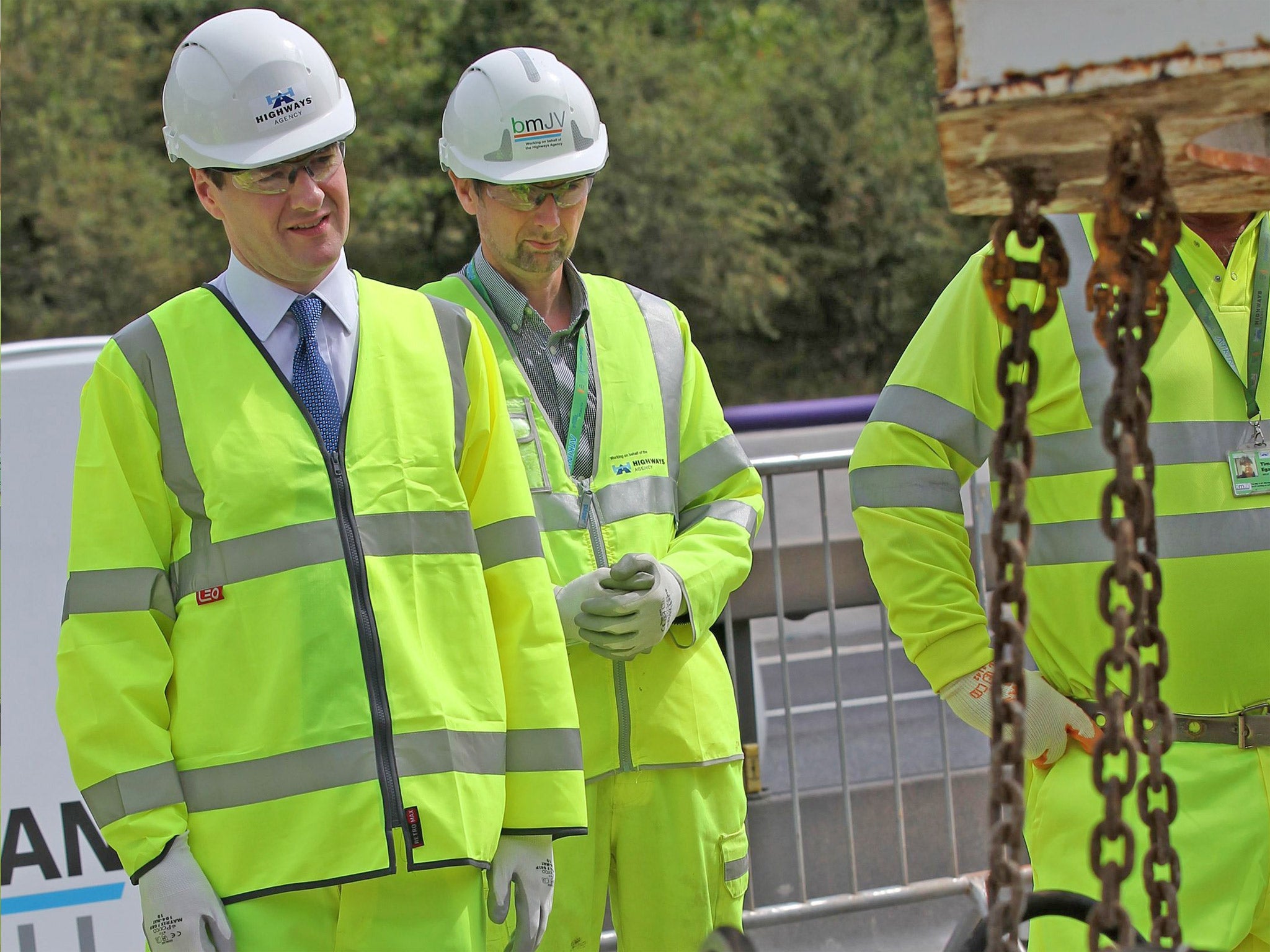 Chancellor George Osborne during a visit to a road improvement scheme near junction 40 of the M1 motorway near Wakefield