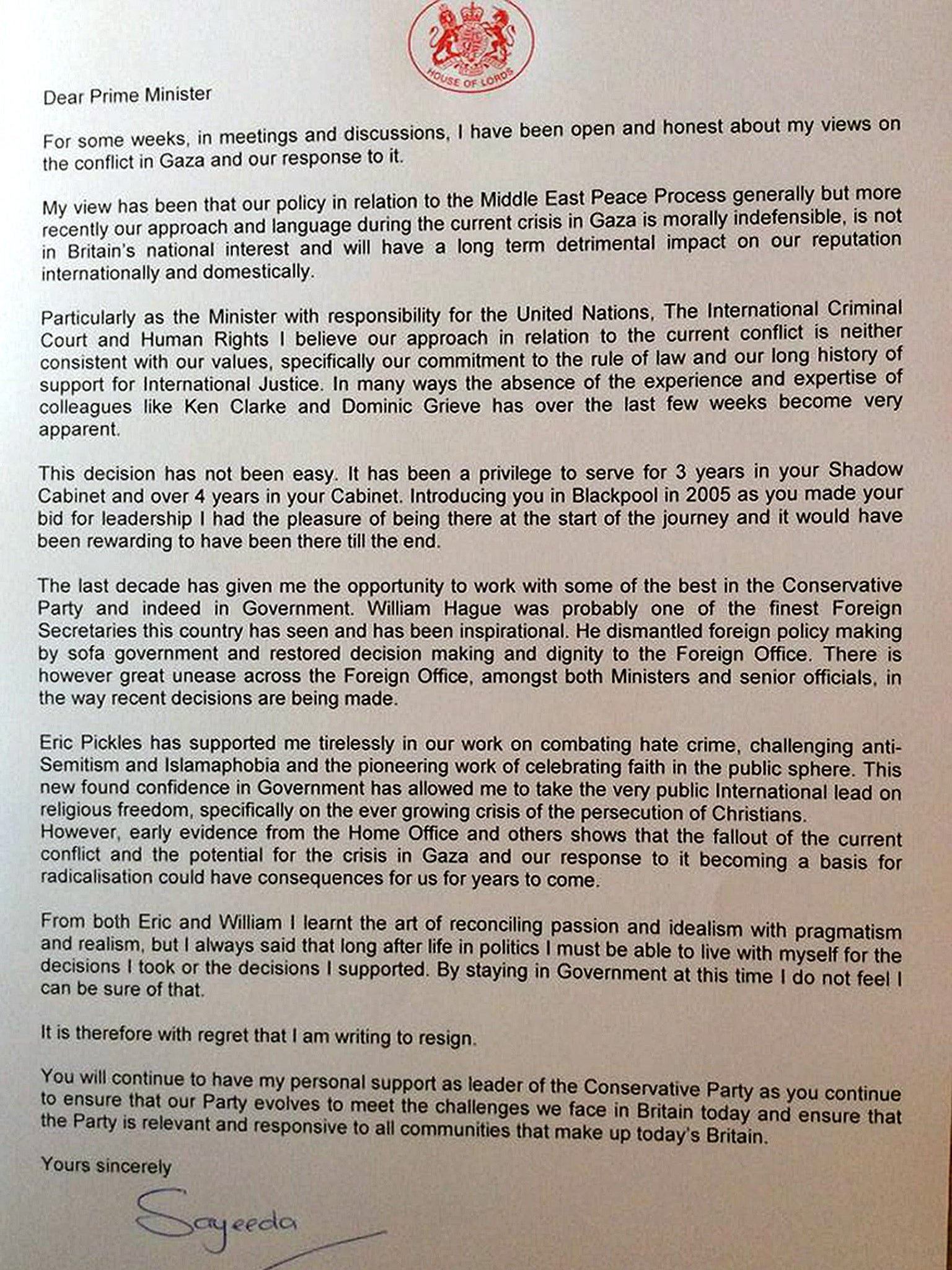 Baroness Warsi's resignation letter