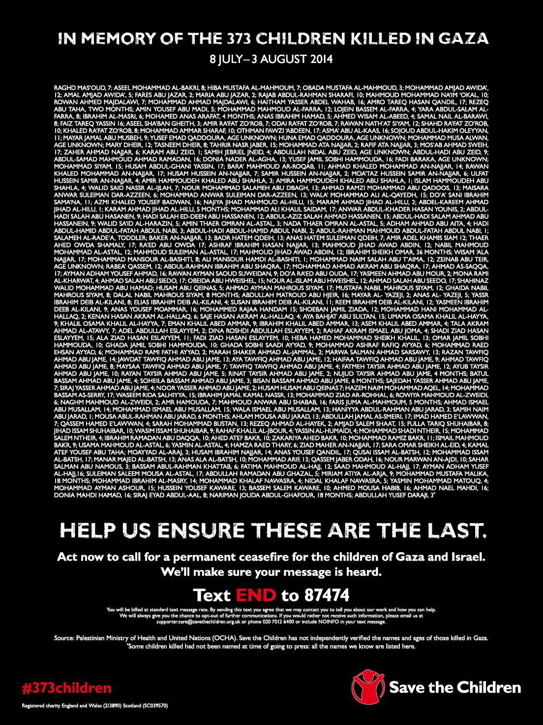 The Save the Children advert was published in national newspapers on Tuesday