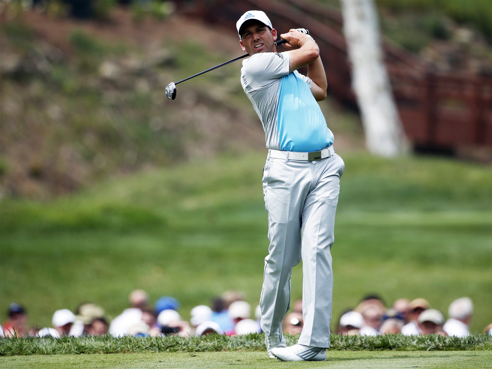 Sergio Garcia watches a tee shot during a practice round at Valhalla