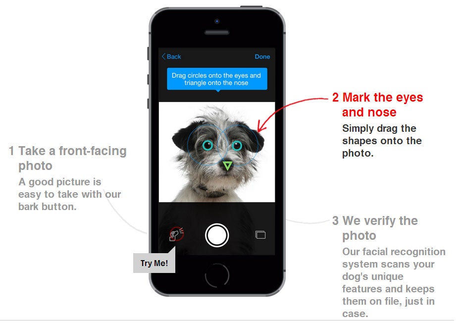 The FindingRover app lets you drag facial markers onto a picture of a dog to identify it.