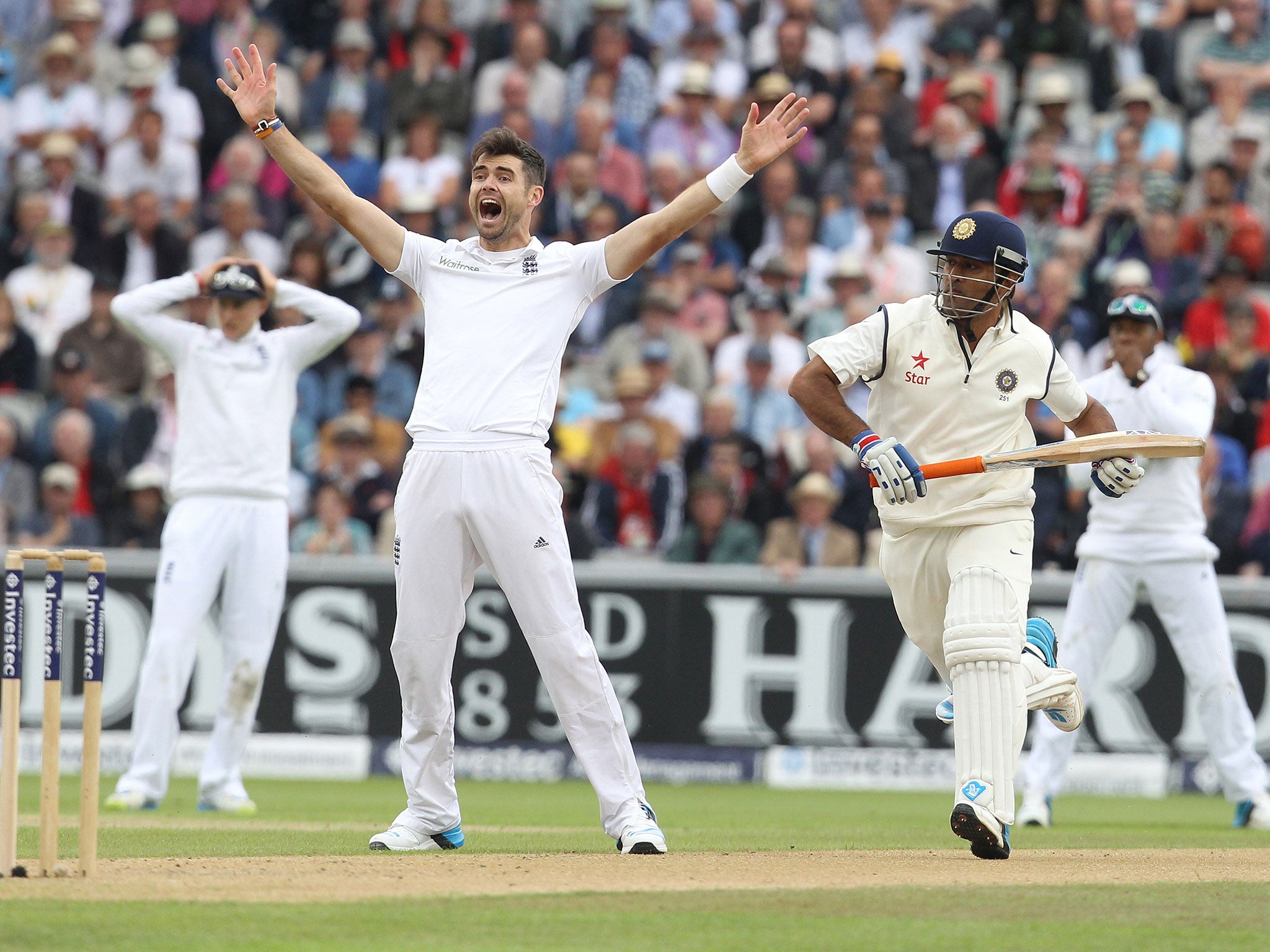 James Anderson appeals for the wicket of India captain MS Dhoni