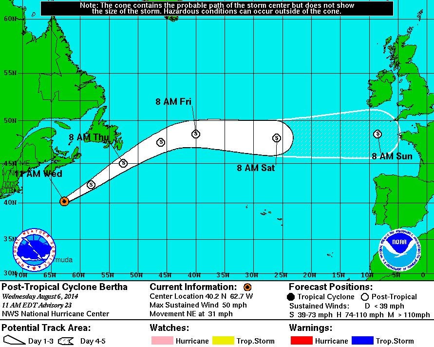 One of Bertha's predicted routes