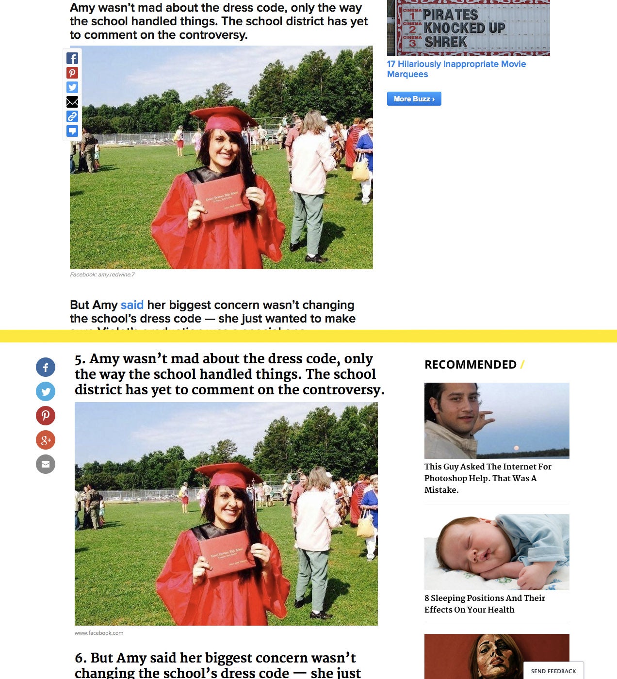A Buzzfeed post titled "After A Girl Was Sent Home In Tears Because Her Dress Was Too Short, Her Mom Wore It To Graduation" top and its near-identical A+ rip-off. Image credit: The Daily Dot