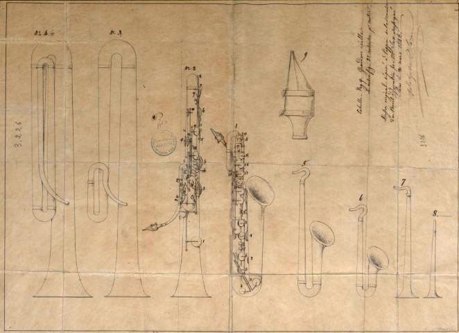 Adolphe Sax's detailed plans for the saxophone, which had its world debut in 1941