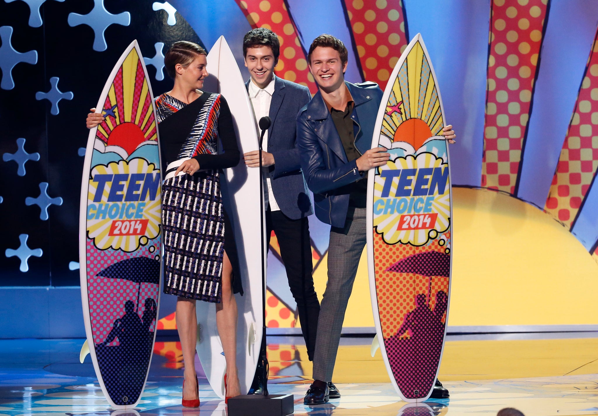 (L-R) Shailene Woodley, Nat Wolff, and Ansel Elgort accept the award for choice movie in the drama category for The Fault In Our Stars