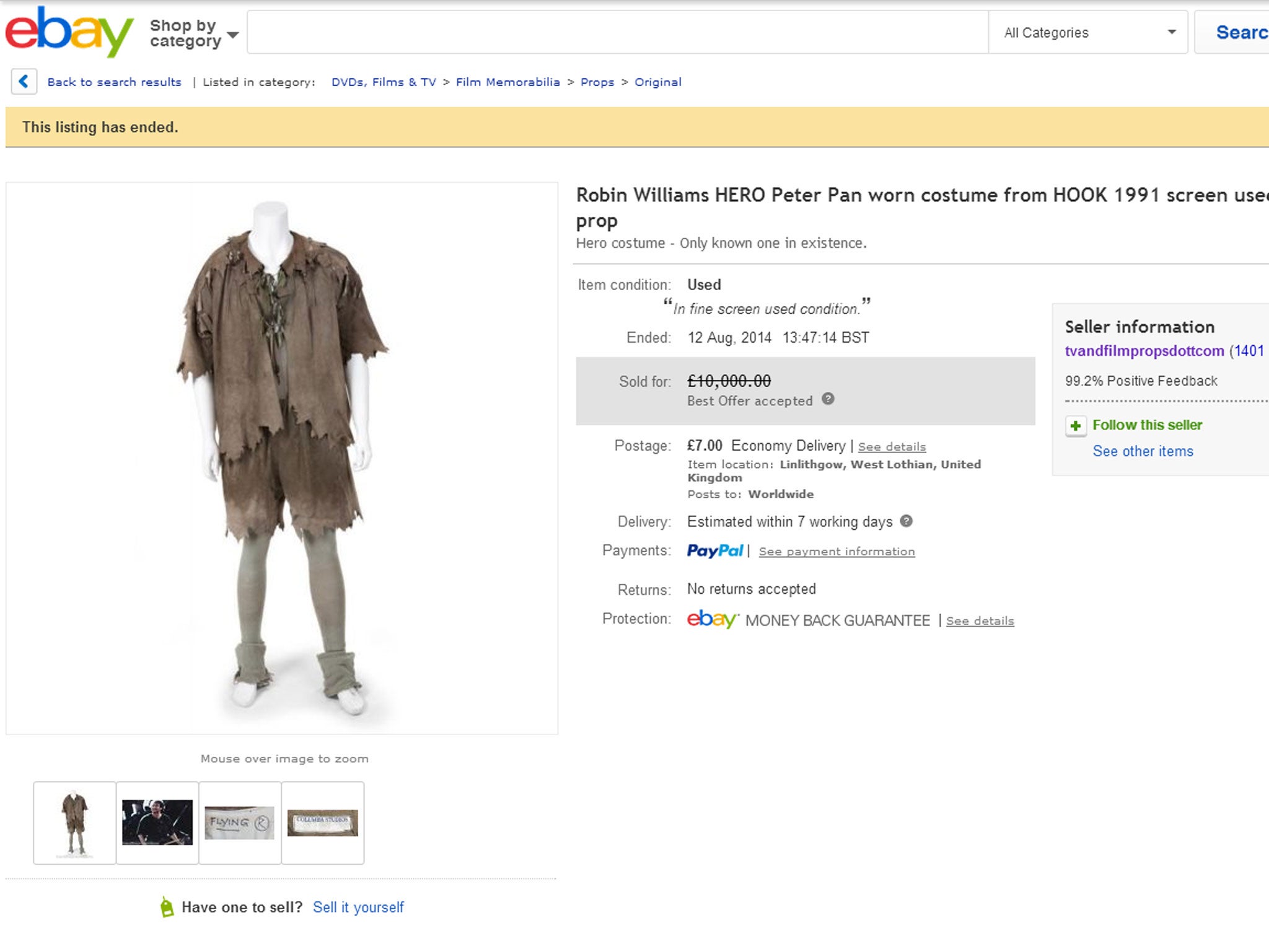 The Peter Pan costume listed on eBay