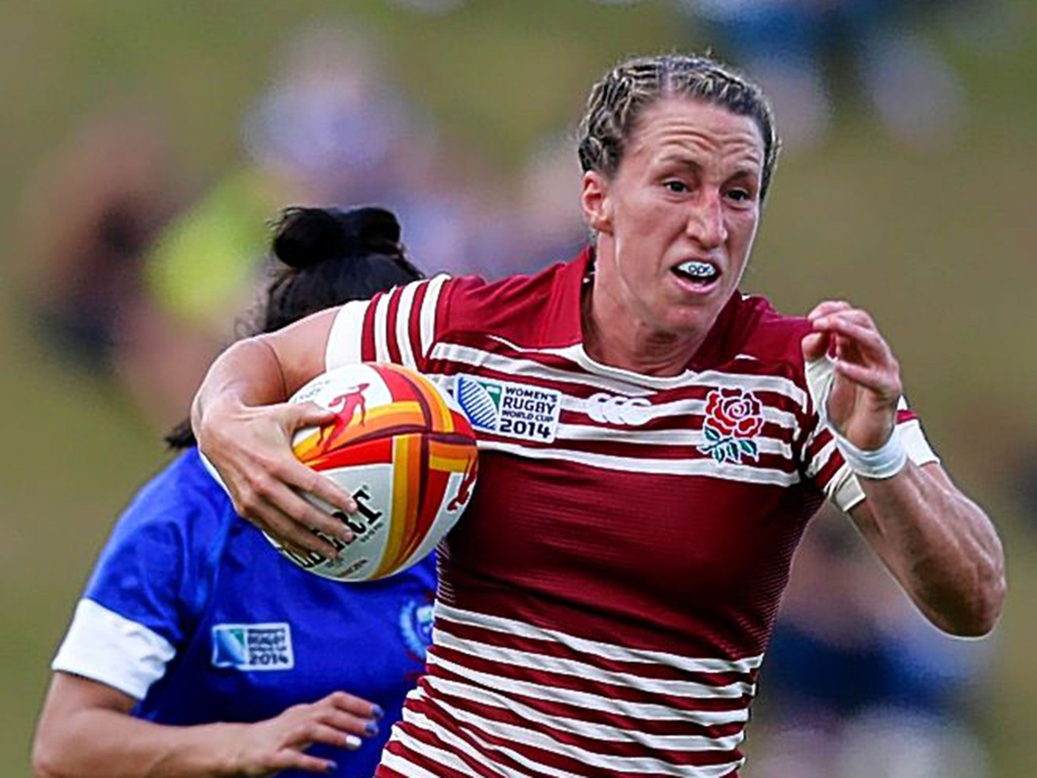 Kat Merchant scores one of her two tries during the 65-3 hammering of Samoa in England’s opening match