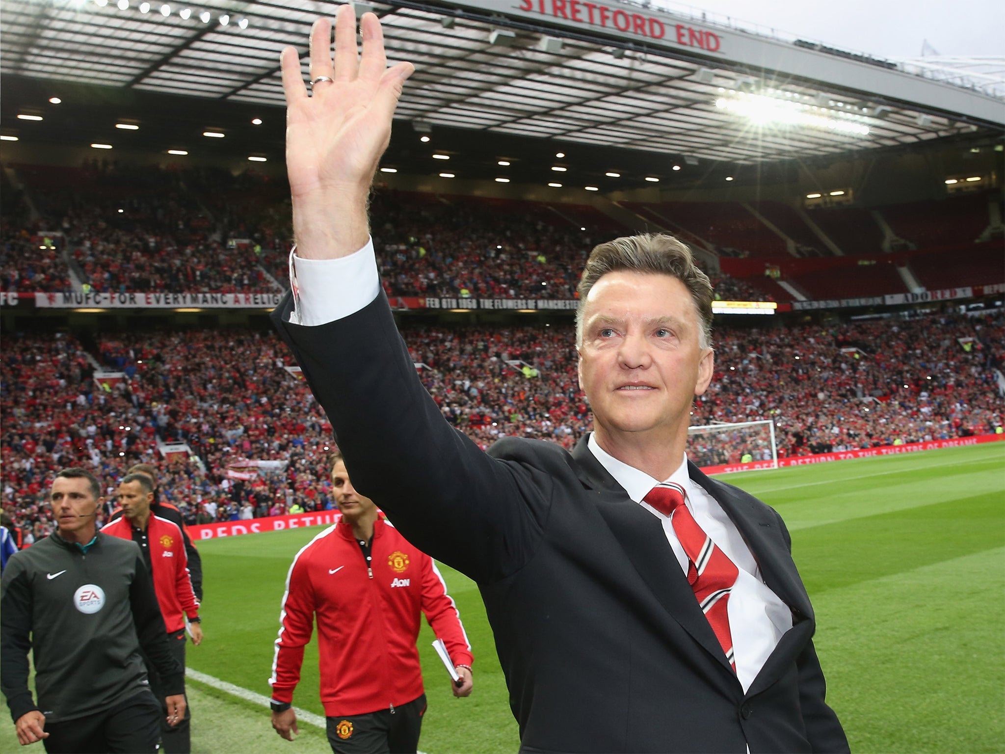 Louis van Gaal waves to the Old Trafford faithful