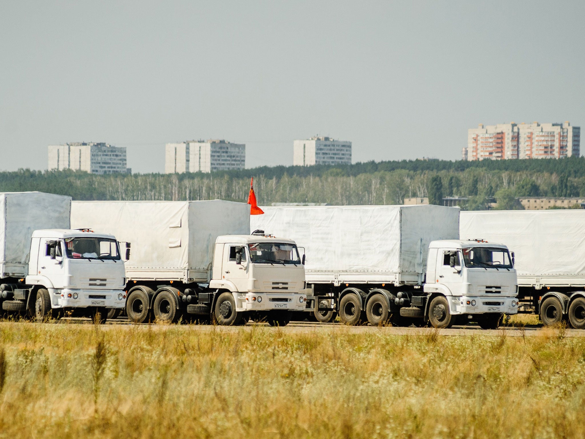 The Russian convoy carrying humanitarian aid in the Voronezh region of Russia en route to Ukraine