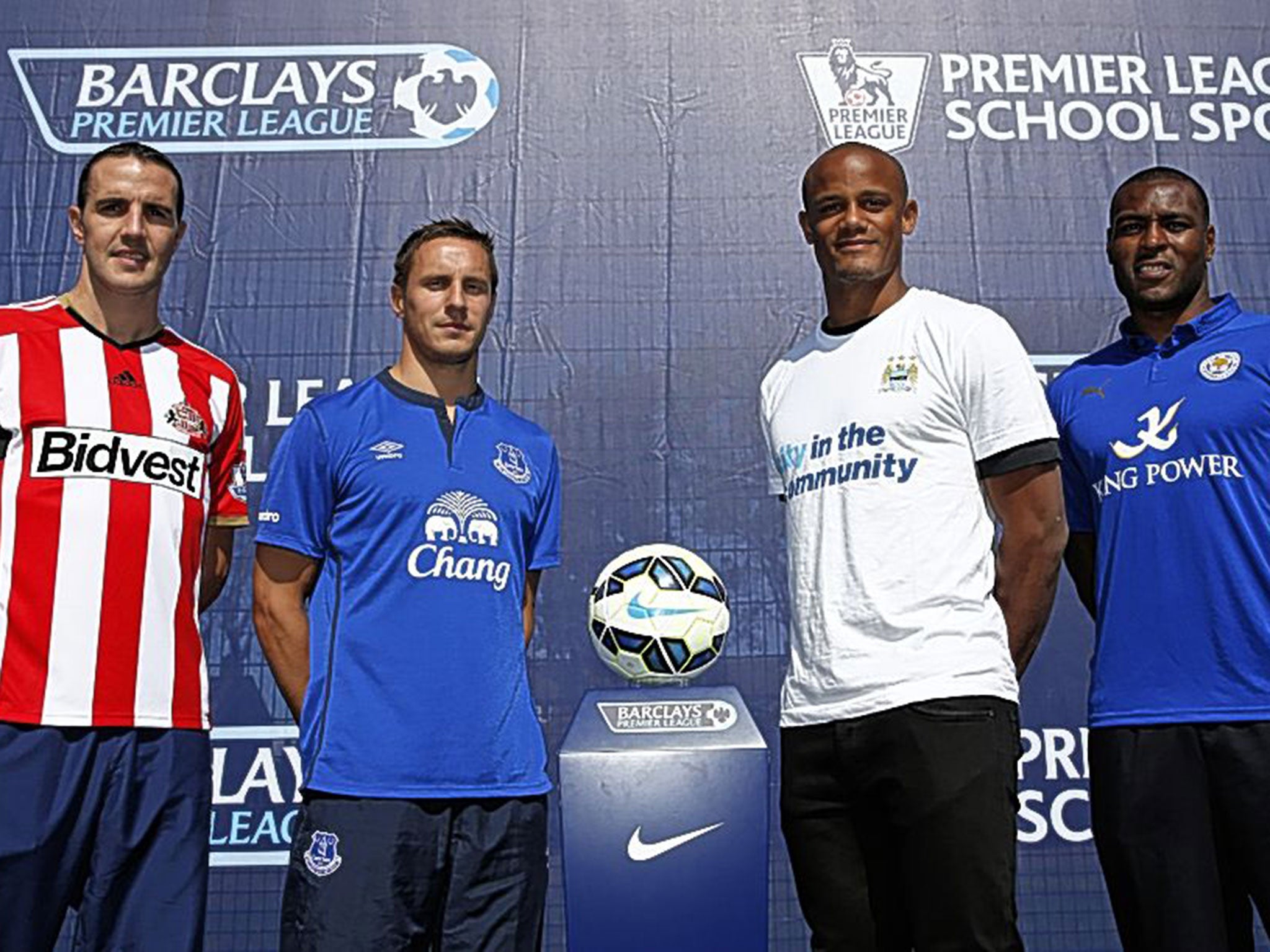 John O’Shea, Phil Jagielka, Vincent Kompany and Wes Morgan at the Premier League season launch