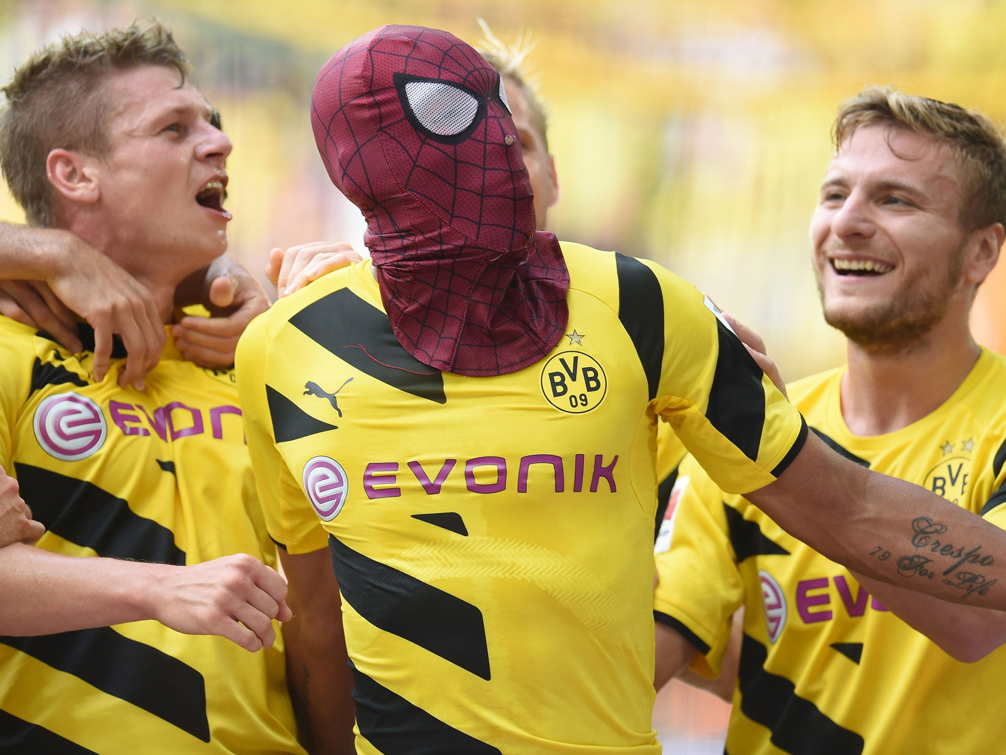 Pierre-Emerick Aubameyang celebrates scoring in Borussia Dortmund's 2-0 win over Bayern Munich