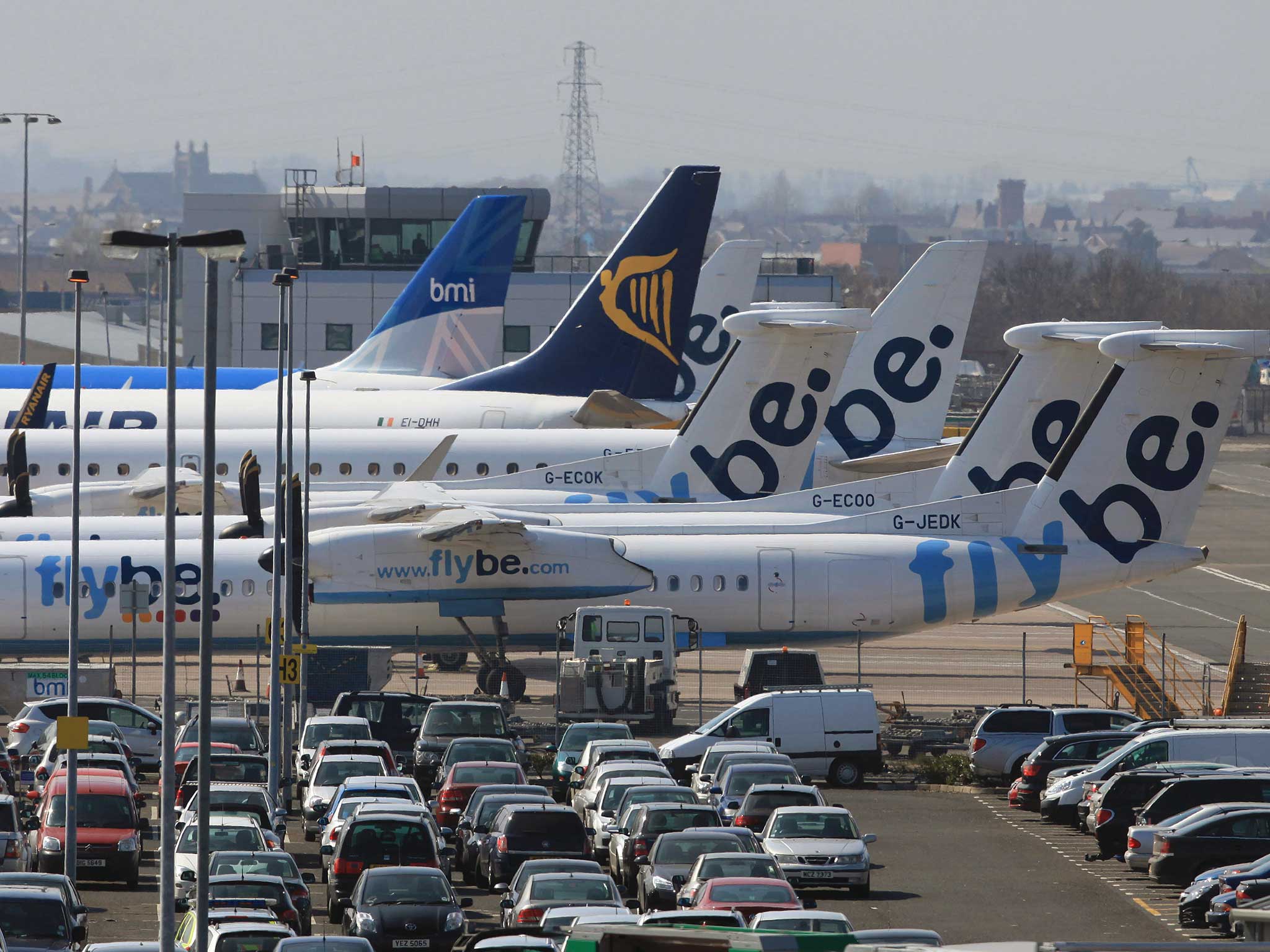 Planes, including FlyBe's, lie up at Belfast City Airport