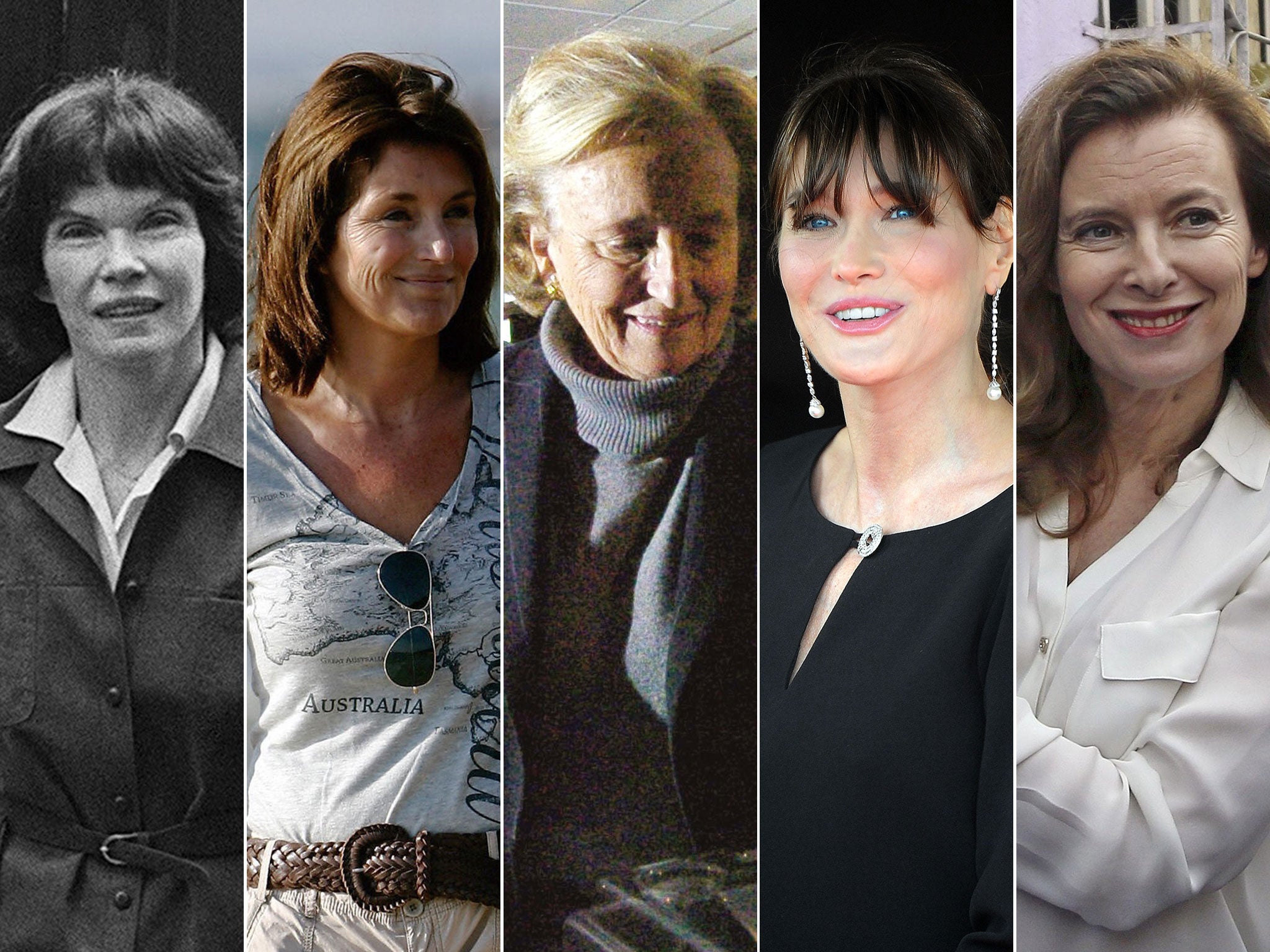 First ladies, from left to right: Danielle Mitterrand, Cecilia Attias, Bernadette Chirac, Carla Bruni-Sarkozy and Valerie Trierweiler