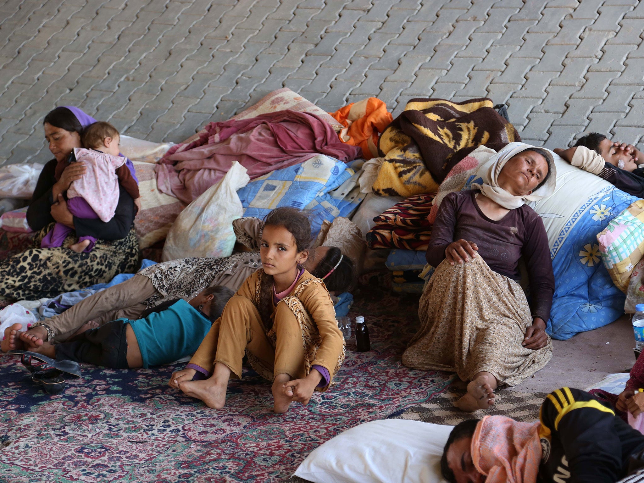 Displaced Iraqis from the Yazidi community settle under a bridge in Dahuk, Iraq