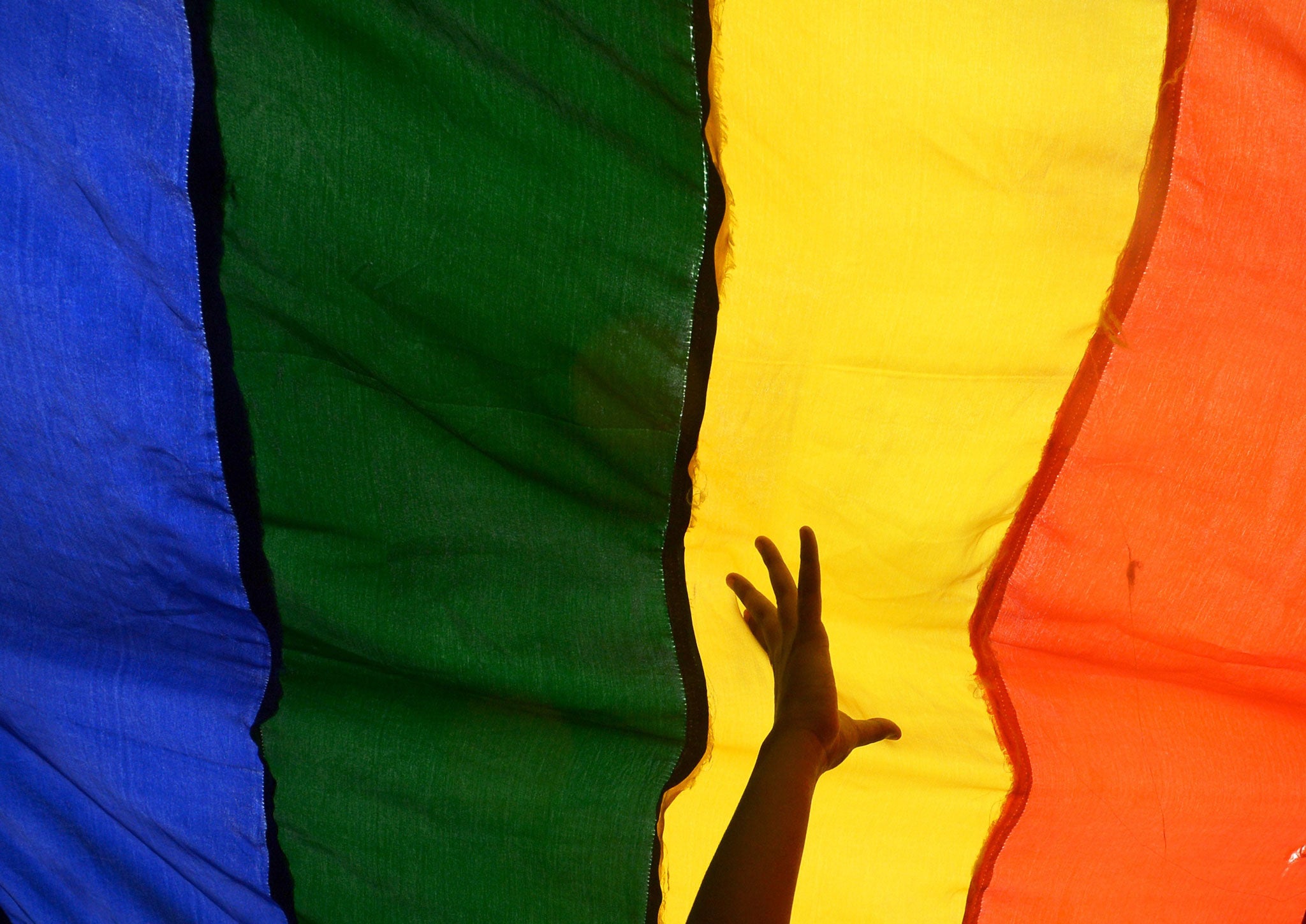 Members and supporters of the lesbian, gay, bisexual, transgender (LGBT) community walk with a rainbow flag during a rally in July