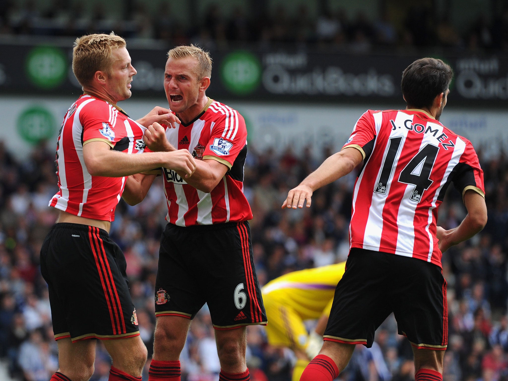 Sebastian Larsson and Lee Cattermole celebrate after the former scores an equalising goal in the 2-2 draw between West Brom and Sunderland