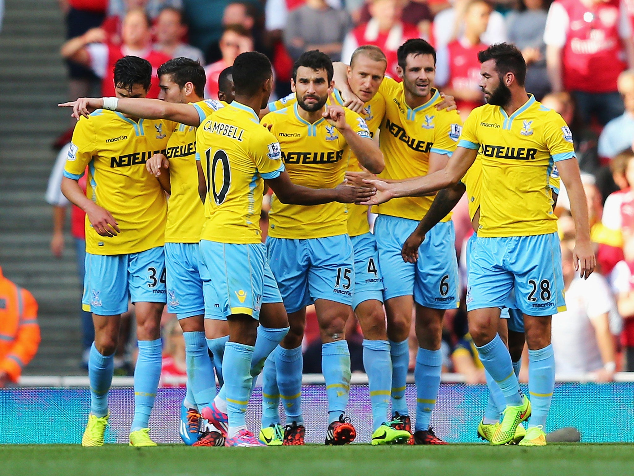 Crystal Palace celebrate Brede Hangeland's goal on his debut to put the Eagles into the lead