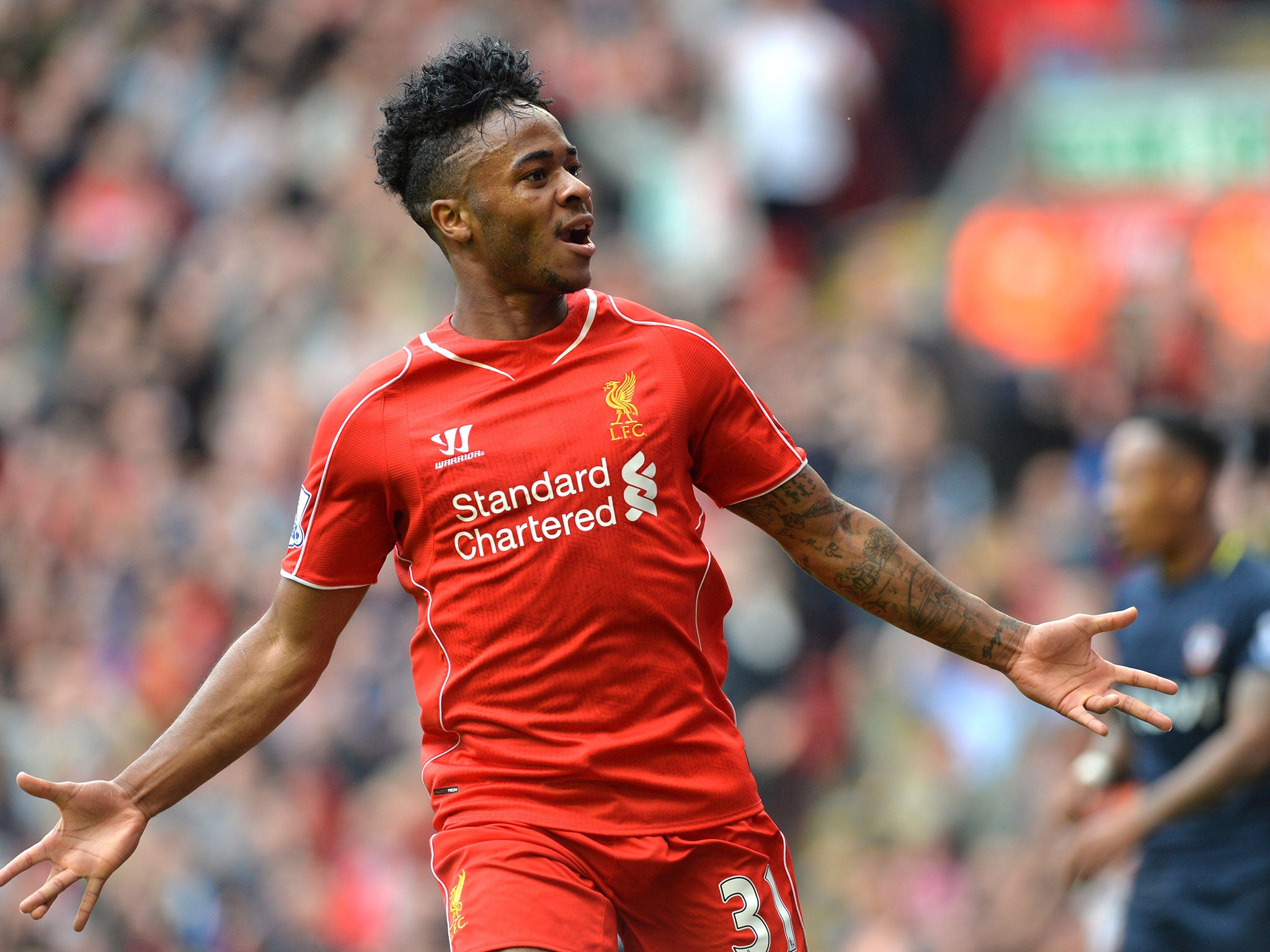 Raheem Sterling celebrates his goal for Liverpool last weekend