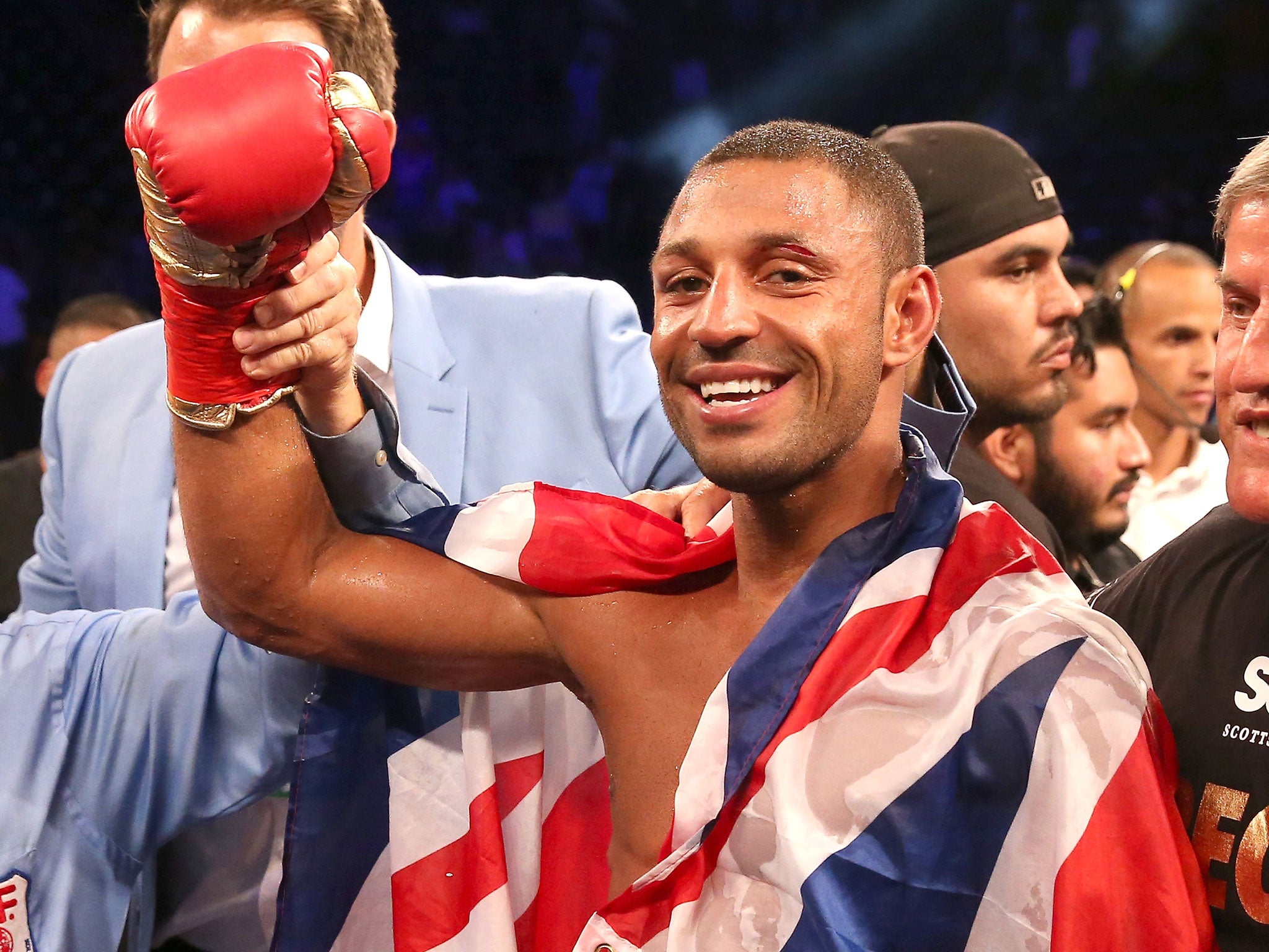 Kell Brook celebrates winning the IBF welterweight title