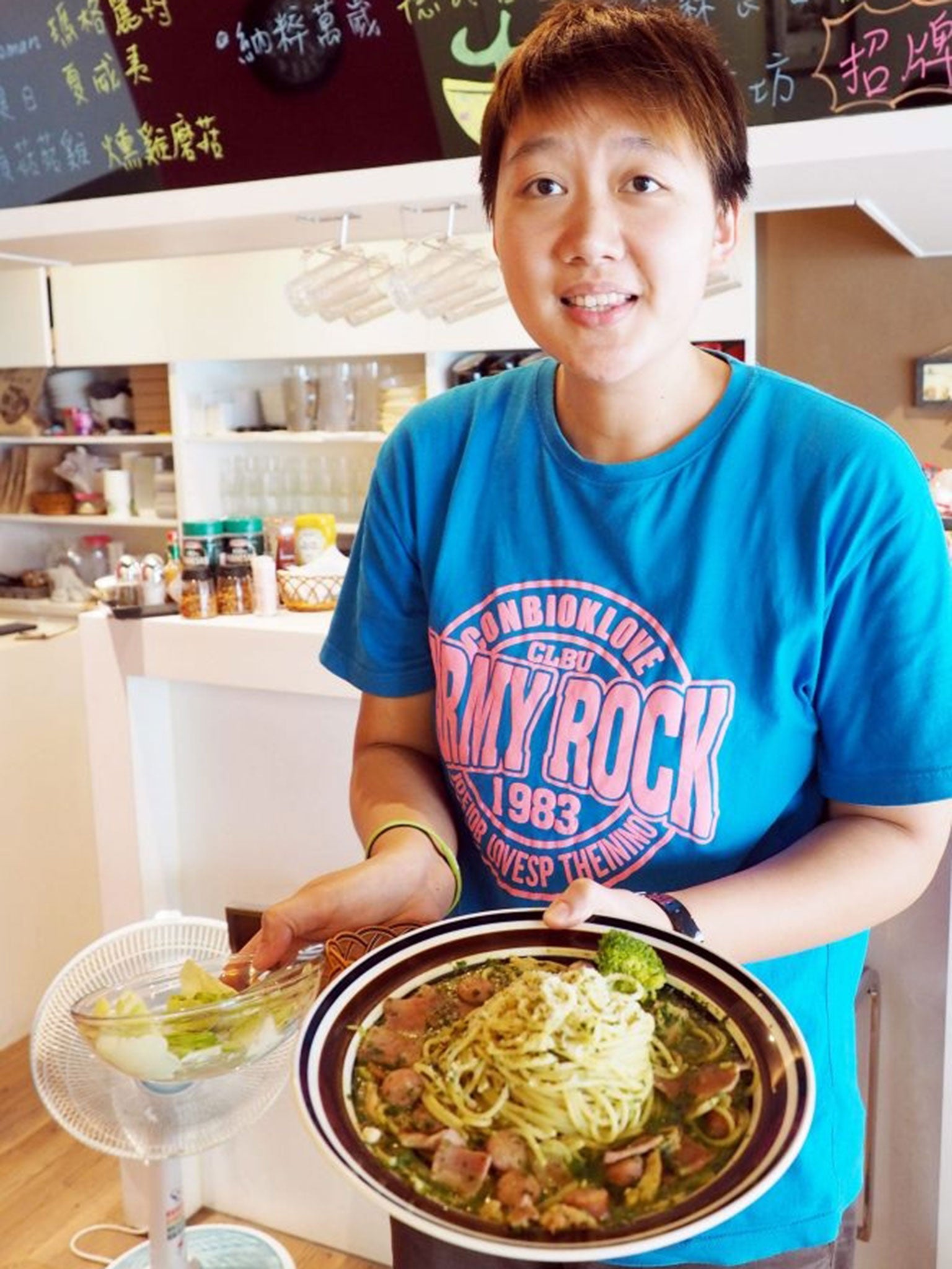 Tsao Ya-hsin, owner of Rock Mill Italian restaurant, poses with the controversial dish