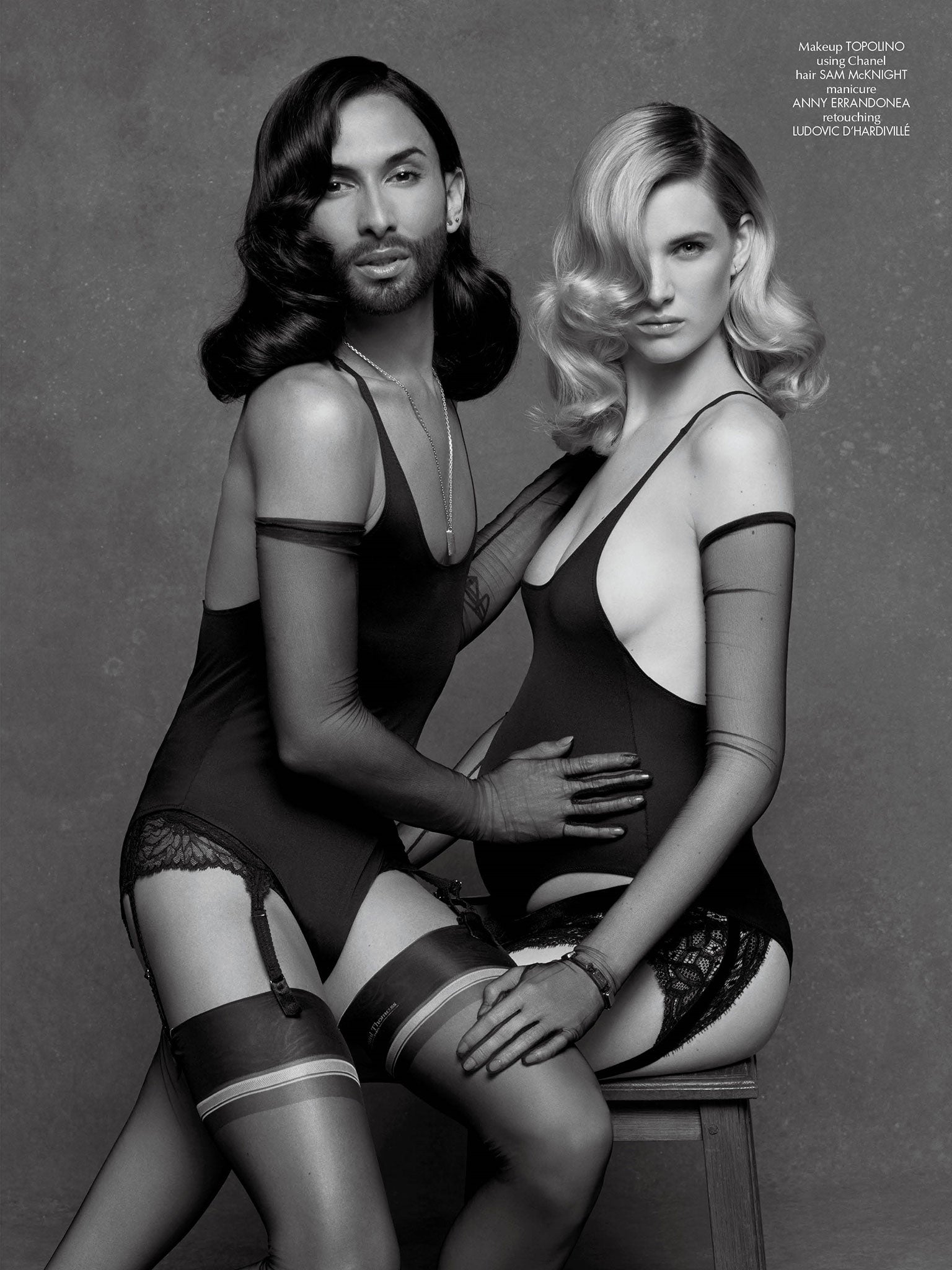 Conchita Wurst poses alongside pregnant top model Ashleigh Good. Copyright: Karl Lagerfeld/ CR Fashion Book