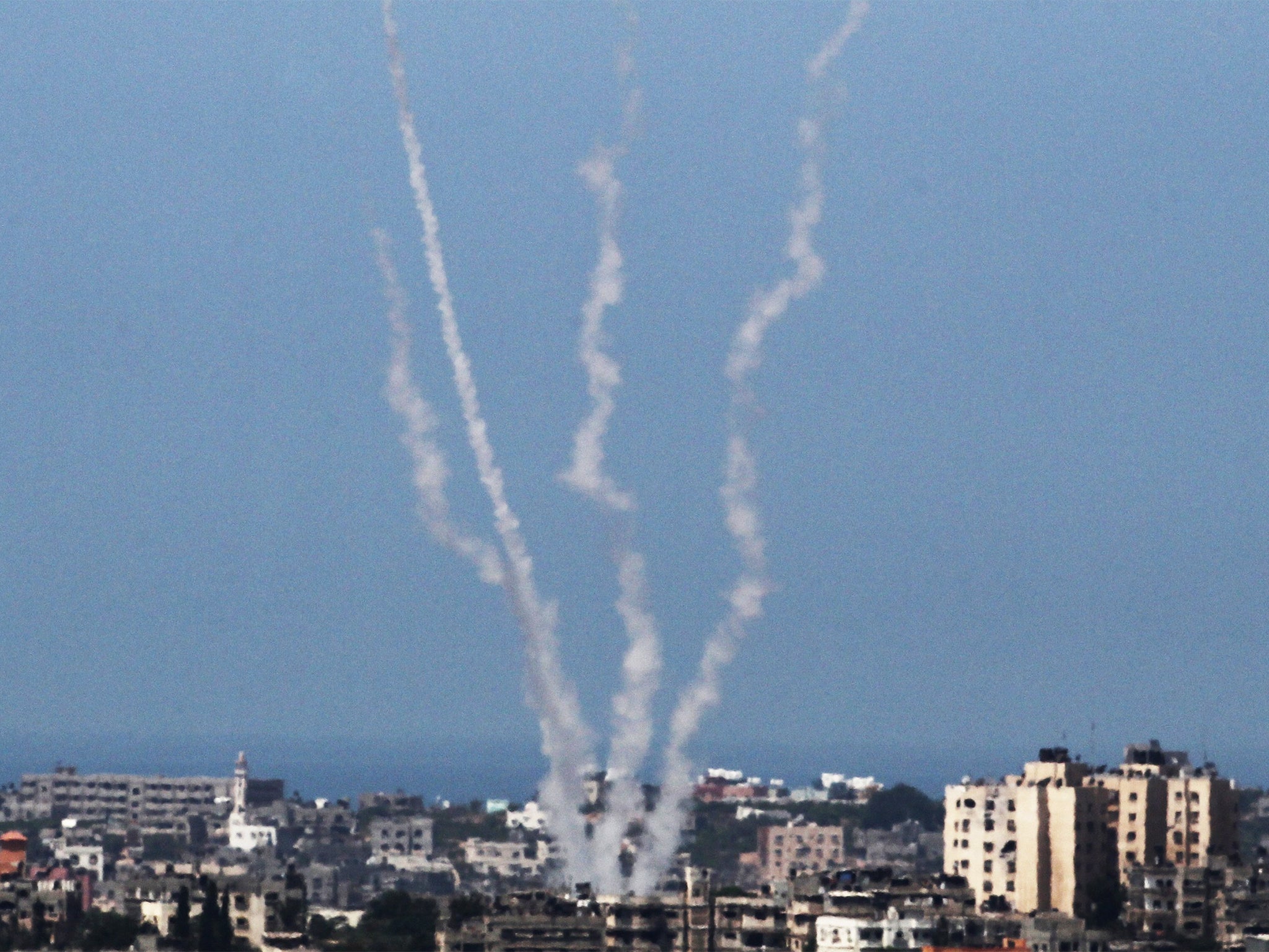 Rockets being fired by Palestinian militants from the Gaza strip into Israel today