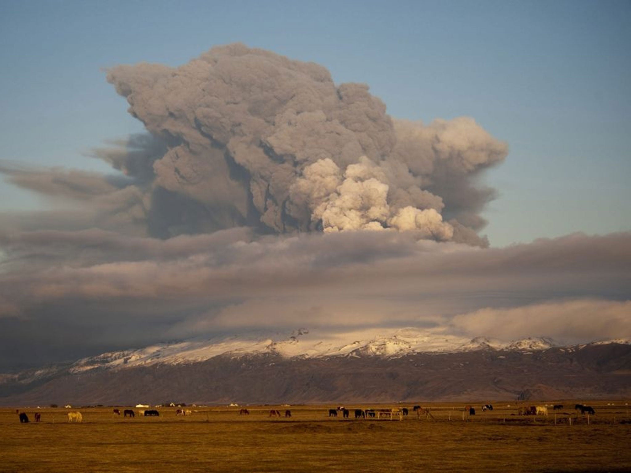 Smoke rising as an eruption of the volcano near Eyjafjallajoekull glacier