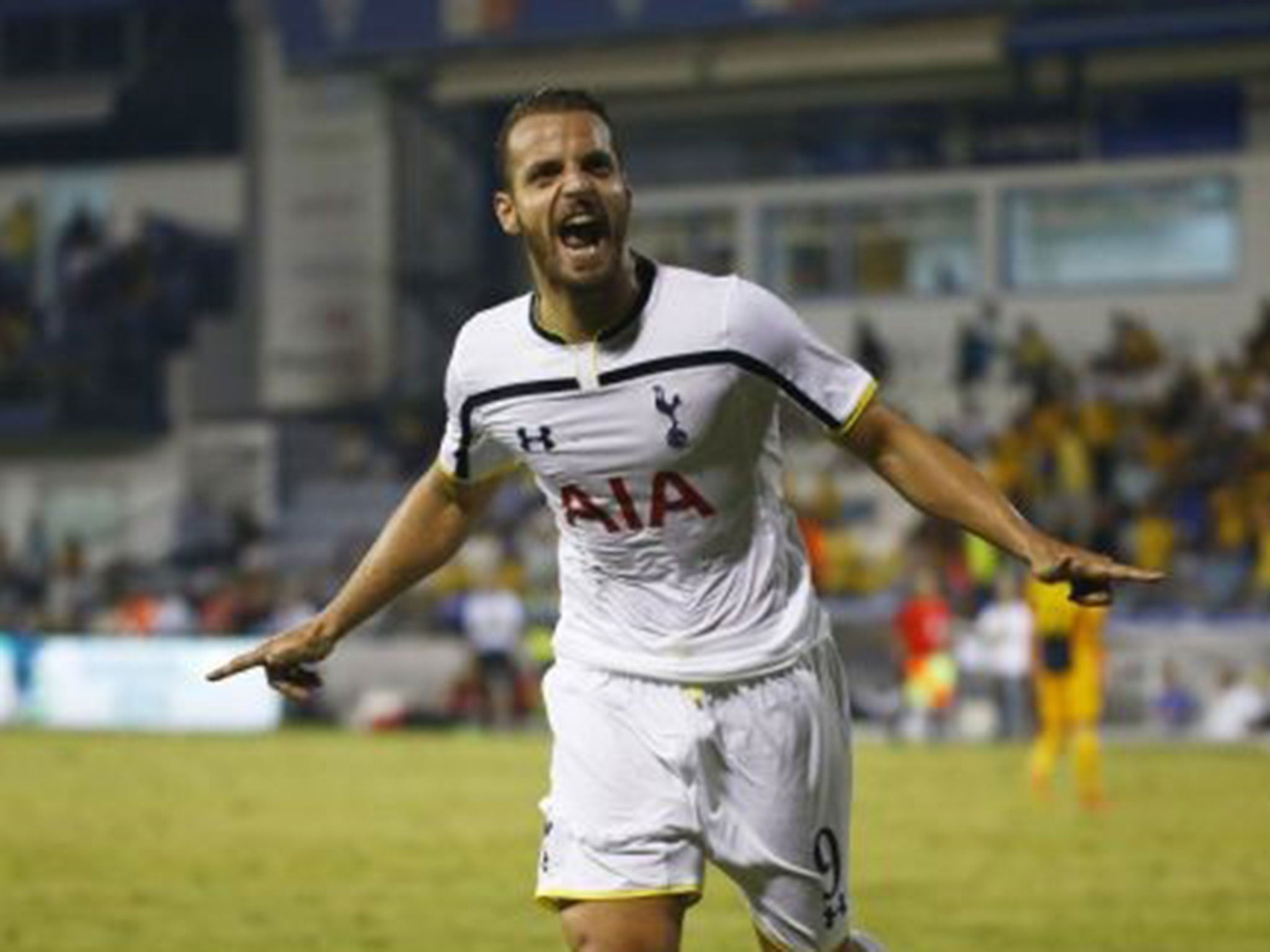 Roberto Soldado celebrates after scoring Tottenham's equaliser in Cyprus last night