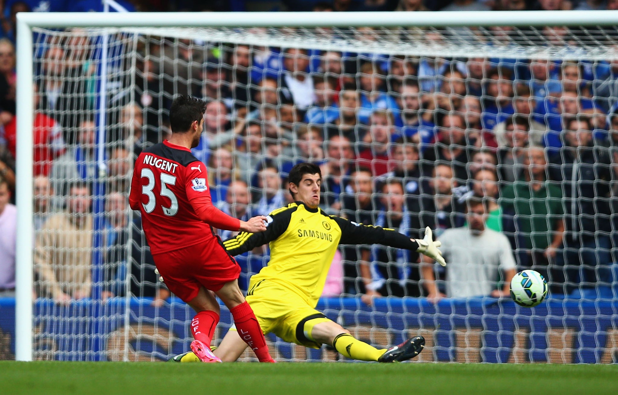 Thibaut Courtois made two excellent one-on-one saves against David Nugent