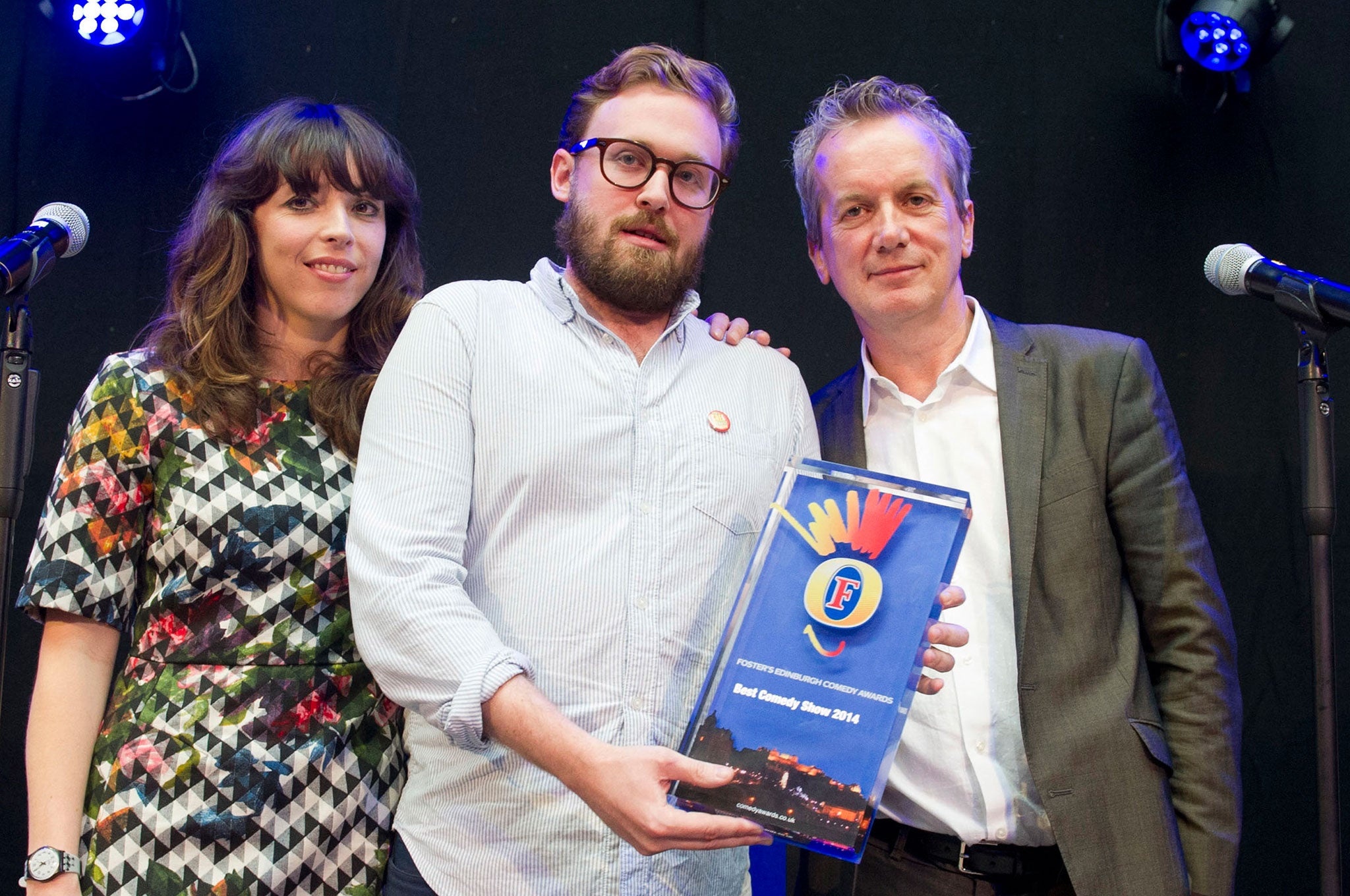 John Kearns winner of the Foster's Edinburgh Comedy Award with last years winners: Bridget Christie and Frank Skinner