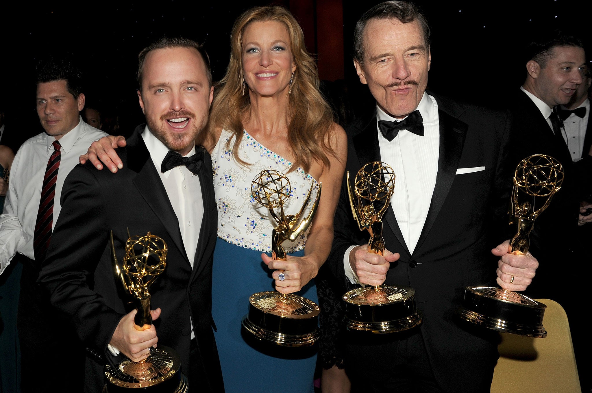 Actors Aaron Paul, winner of the award for Outstanding Supporting Actor in a Drama Series, Anna Gunn, winner of the award for Outstanding Supporting Actress in a Drama Series, and Bryan Cranston, winner of the award for Outstanding Lead Actor in a Drama S