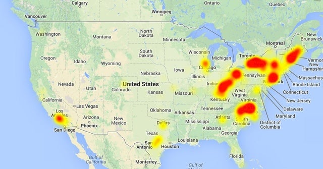 A screenshot from downdetector.com showing outages across the US.