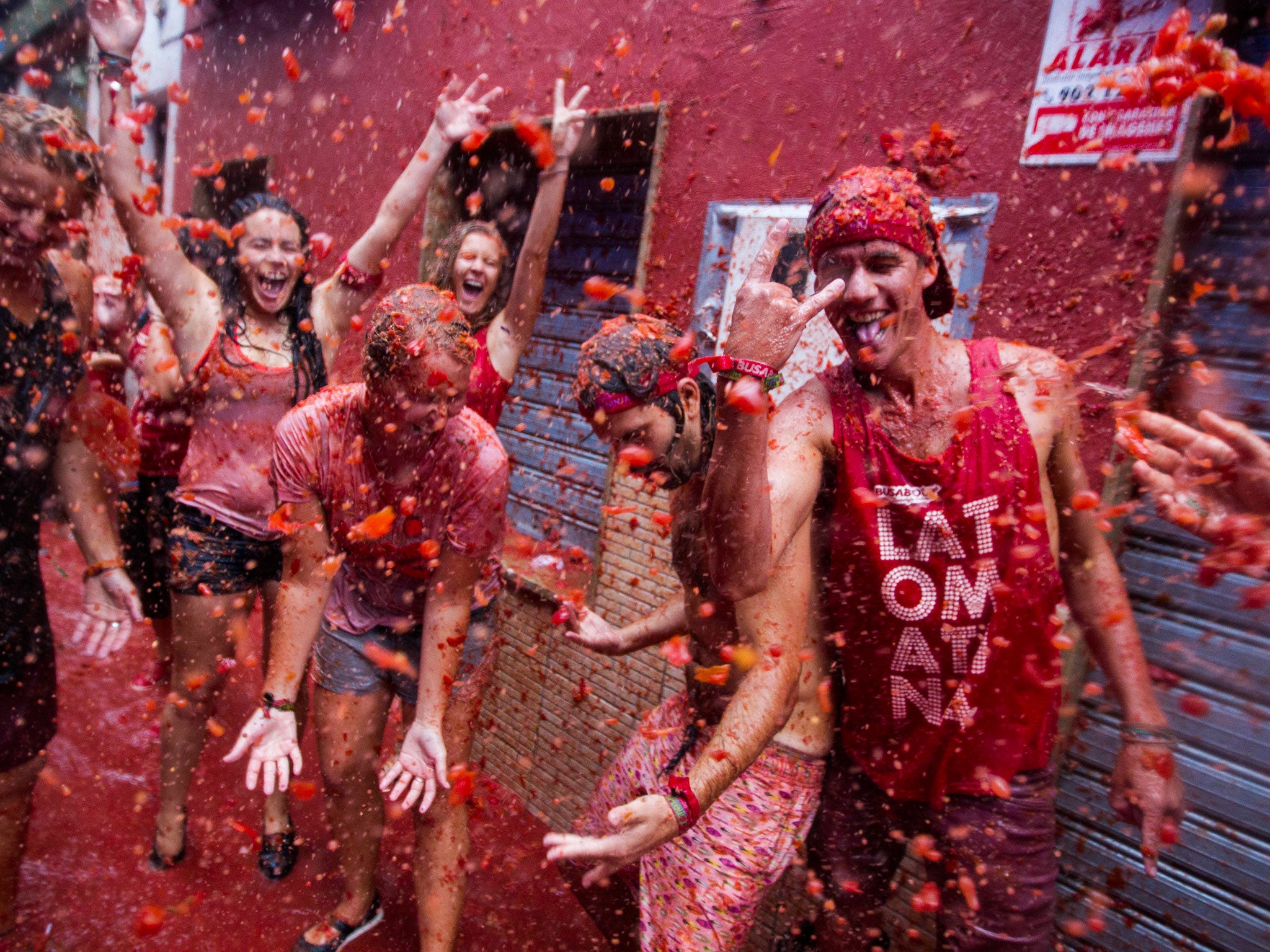 Revellers take part in the annual 'Tomatina' festivities in Bunol, near Valencia.