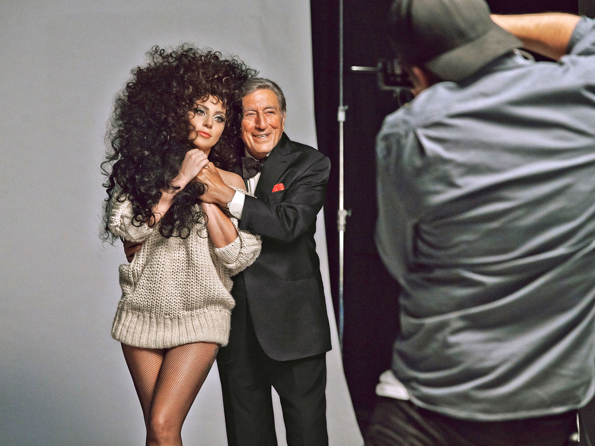 Lady Gaga and Tony Bennett during the making of H&M's Christmas TV commercial