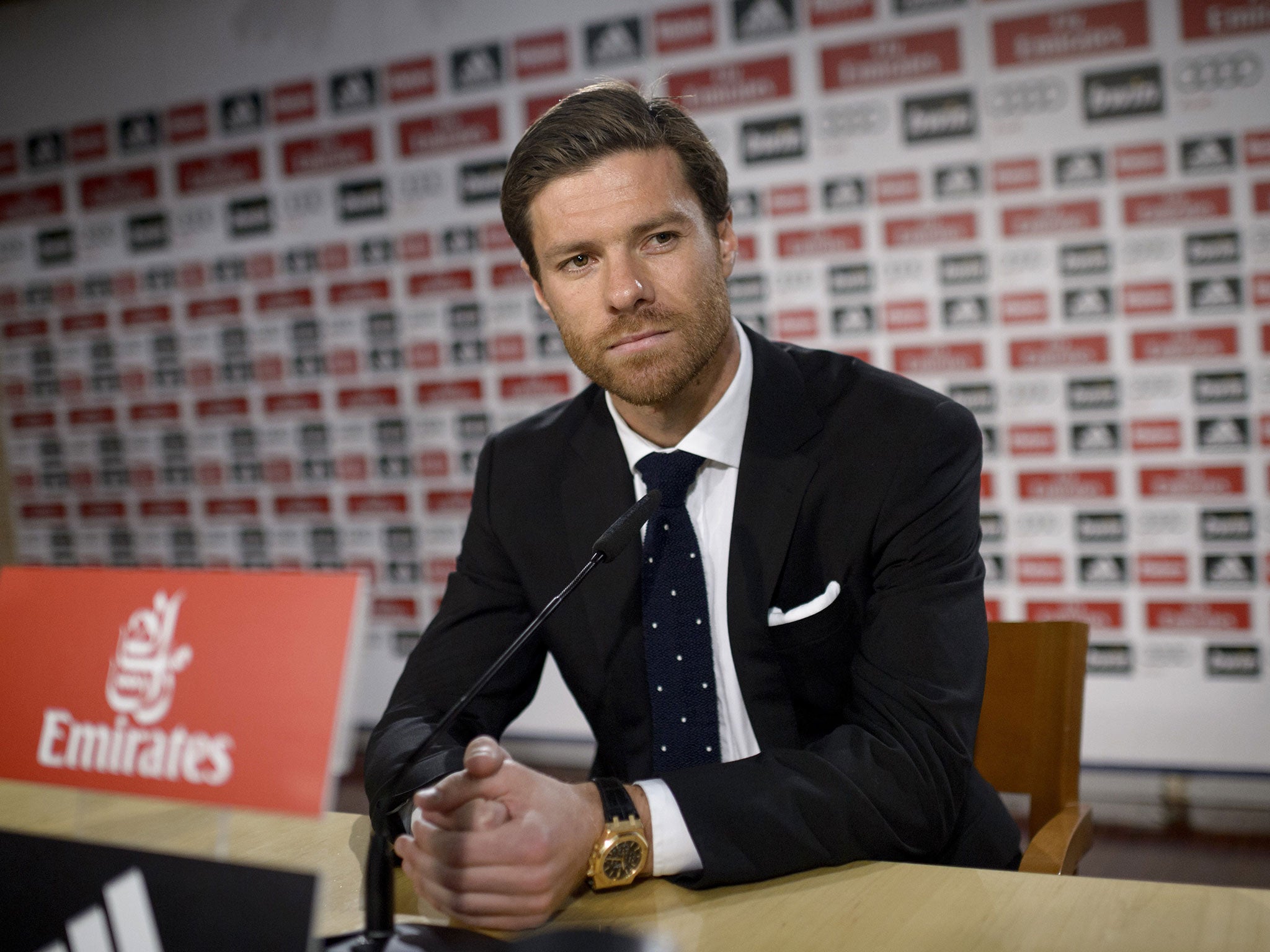 Xabi Alonso looks on at his press conference at the Bernabeu