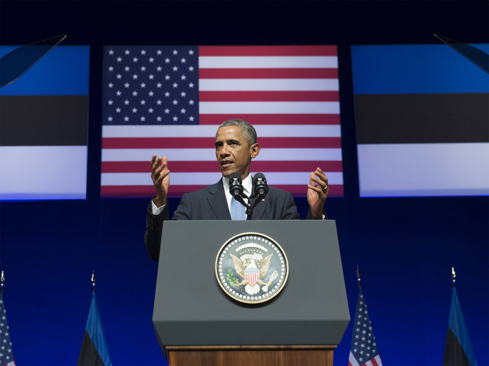 US President Barack Obama delivers a speech at Nordea Concert Hall in Tallinn, Estonia