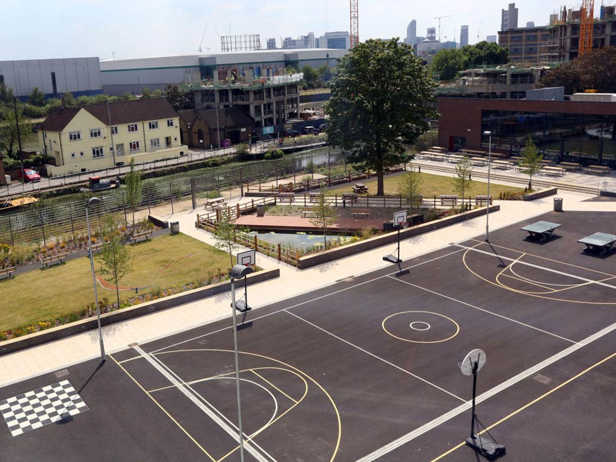 New heights: The rooftop pitches at Bow School, overlooking the garden and canal