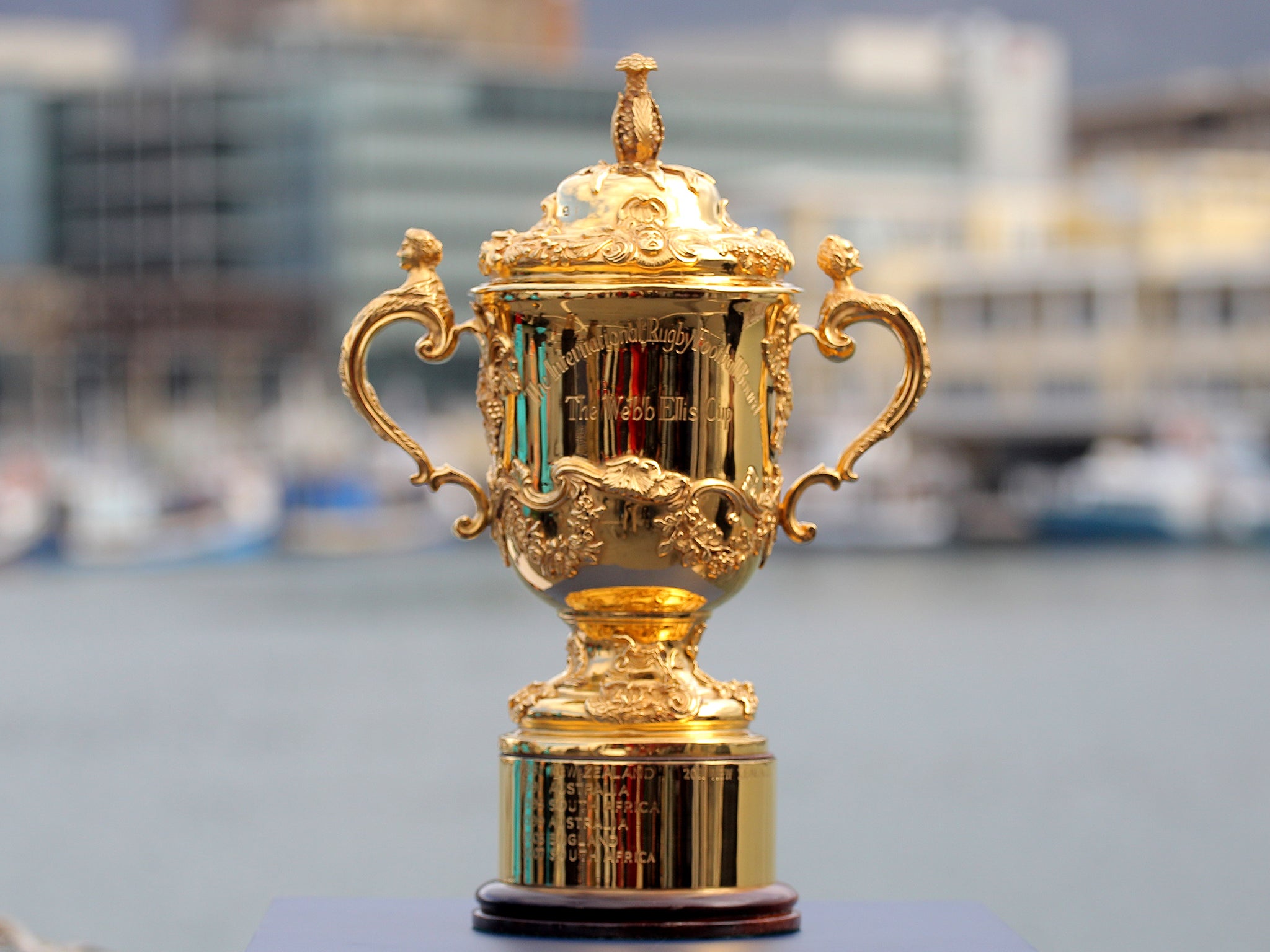 A view of the Webb Ellis trophy that will be the prize at the 2015 World Cup