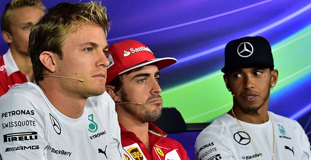 Nico Rosberg and Lewis Hamtilon at the Thursday drivers' press conference, along with Fernando Alonso