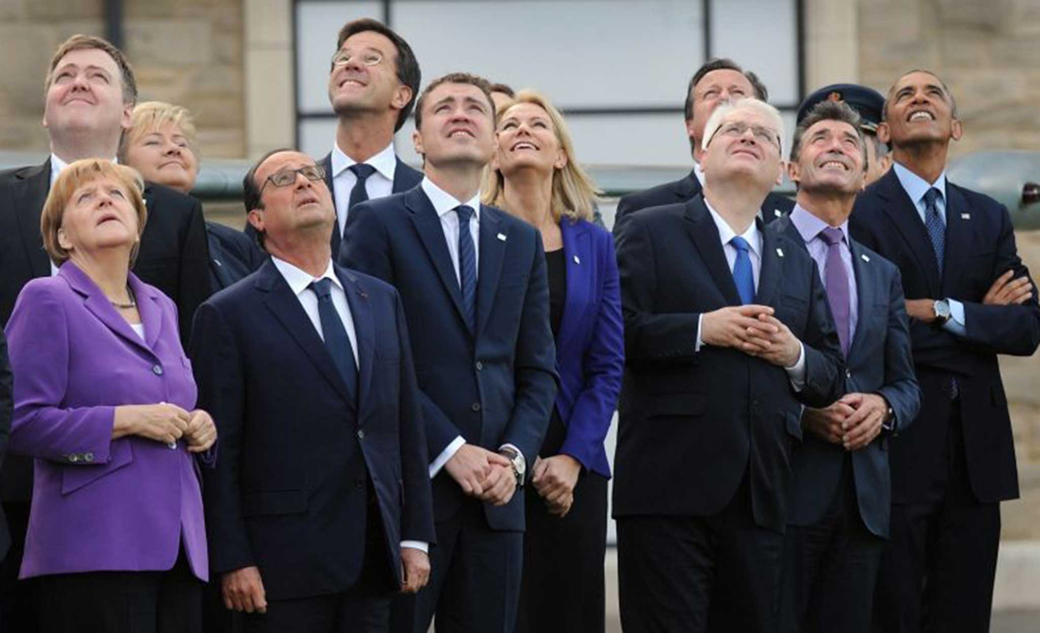 Nato leaders watch a flypast of military aircraft during the summit in Wales where the spearhead force was planned