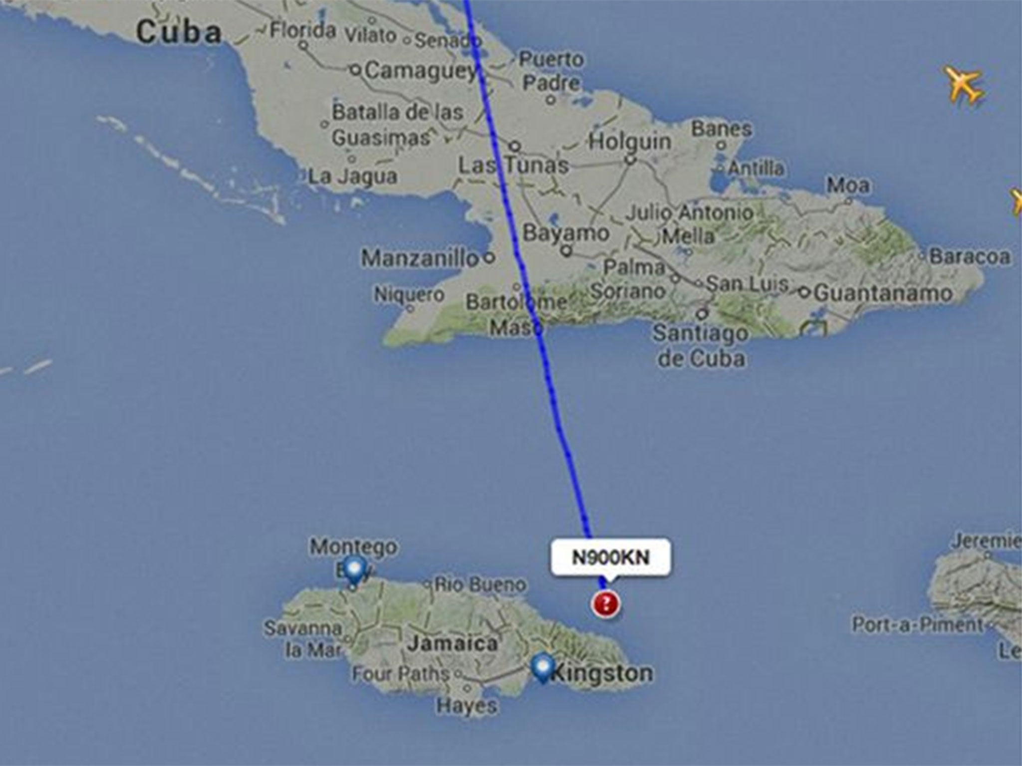 The route of the that plane crashed off the island of Jamaica