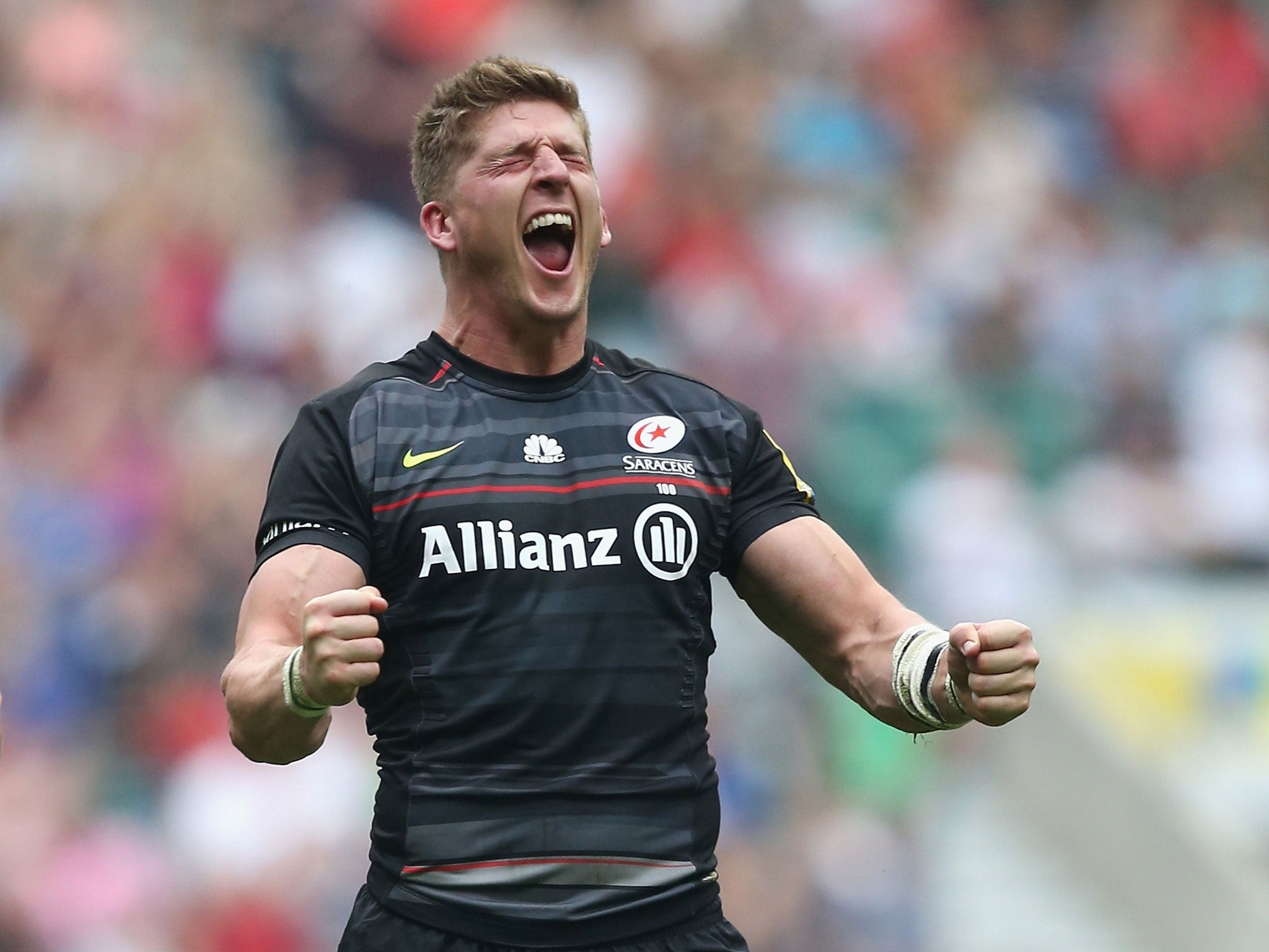 David Strettle celebrates scoring the match-winning try after sliding in to sink Wasps