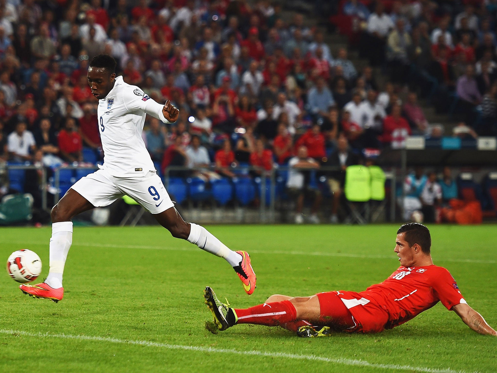 Danny Welbeck fires England into the lead after a good cross from Raheem Sterling