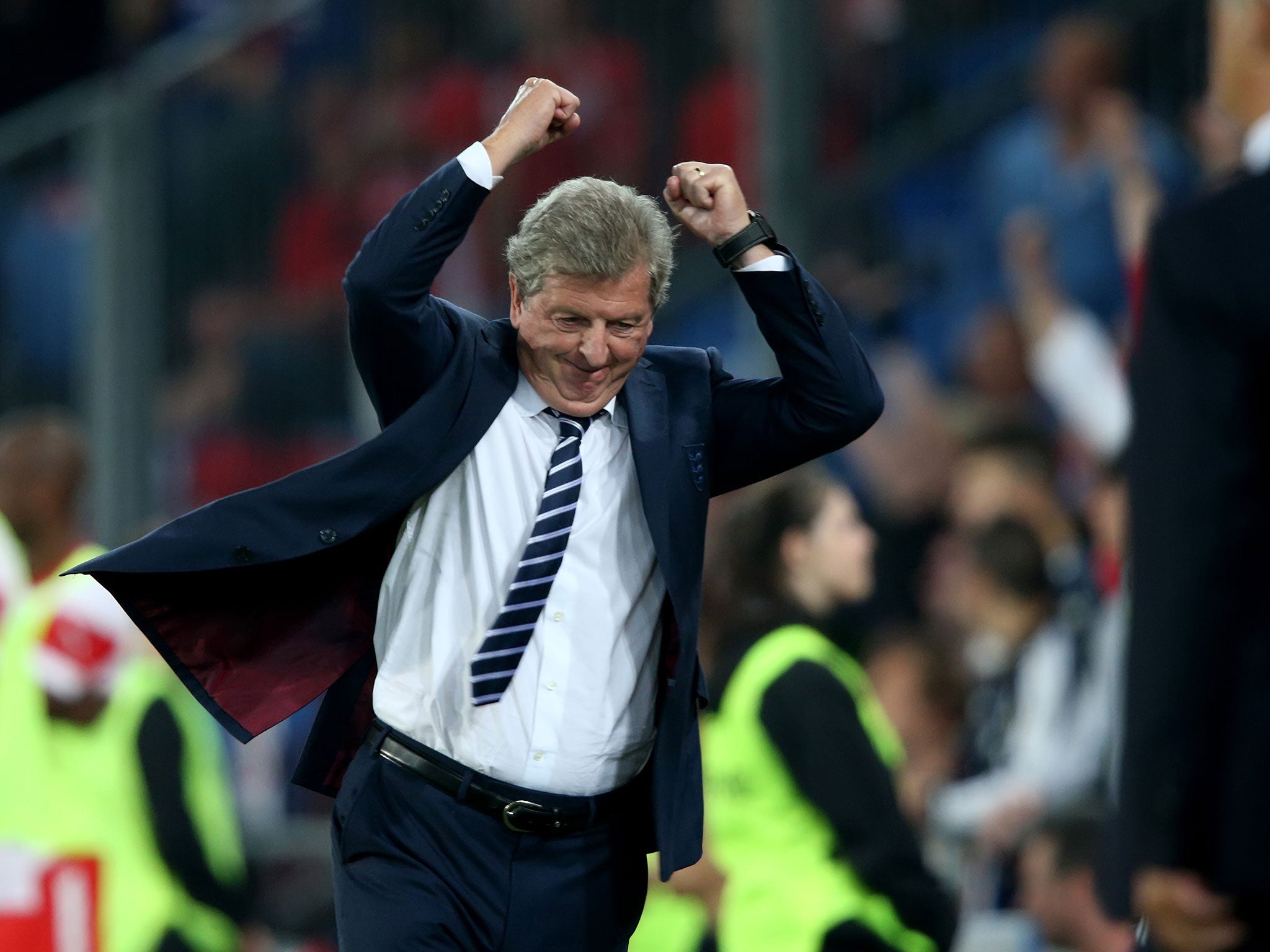 A delighted Roy Hodgson celebrates after Danny Welbeck made it 2-0