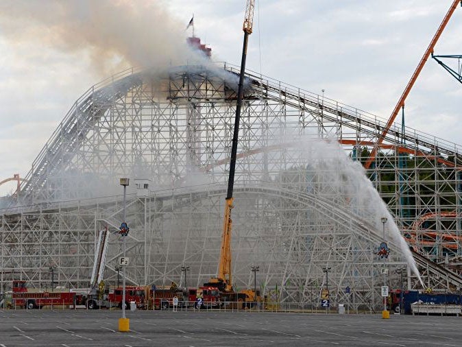 The fire on Colossus at California's Six Flags Magic Mountain theme park