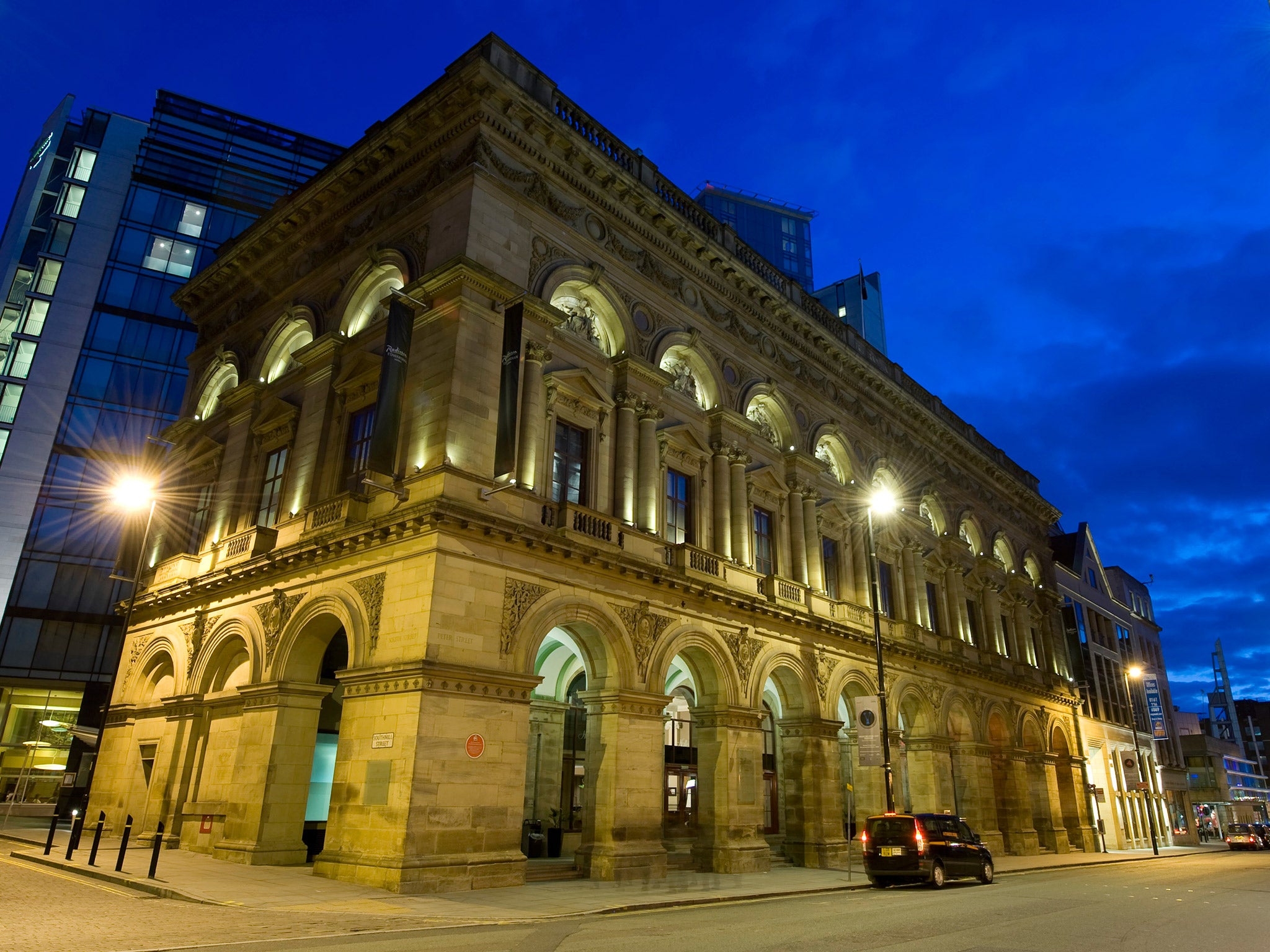 The Free Trade Hall was built on the site of the Peterloo Massacre to commemorate the passing of the Corn Laws